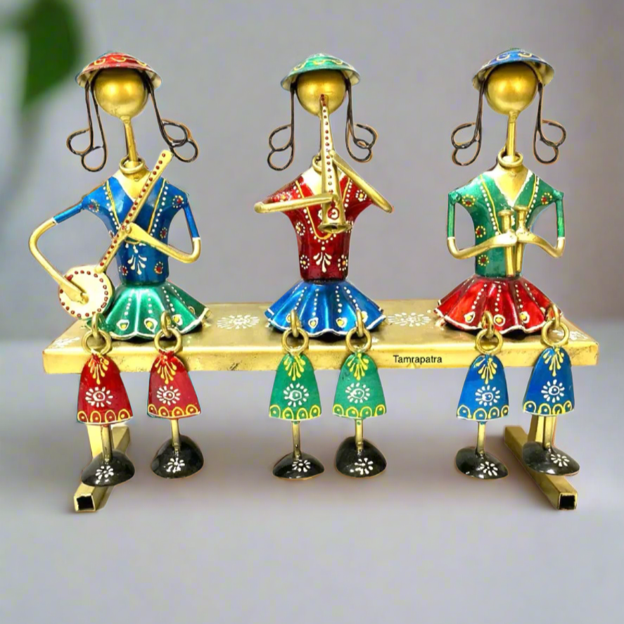 3 Dolls Sitting On Bench Stunning Metal Artwork Creations From Tamrapatra