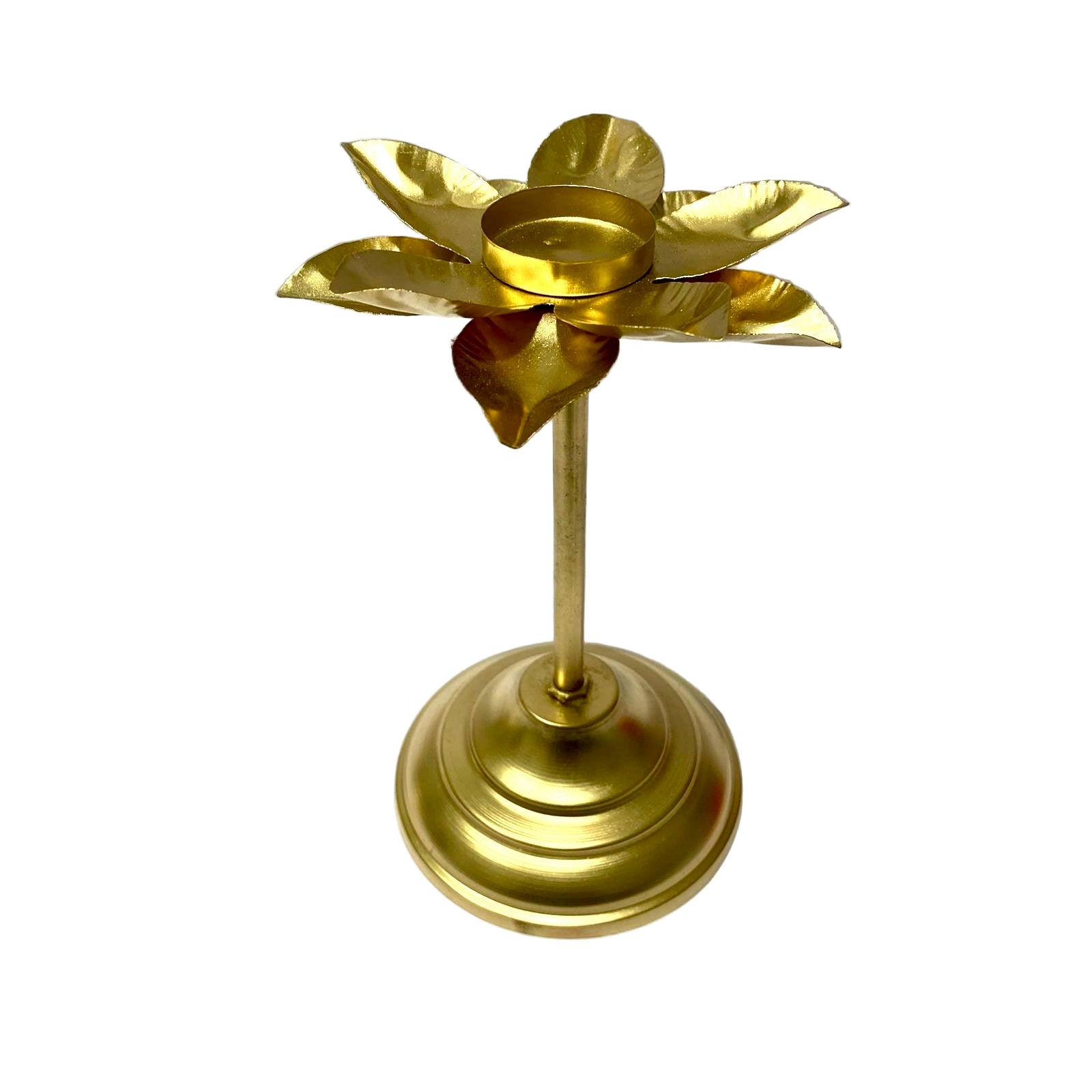 Brass lotus-shaped lamp on a white background