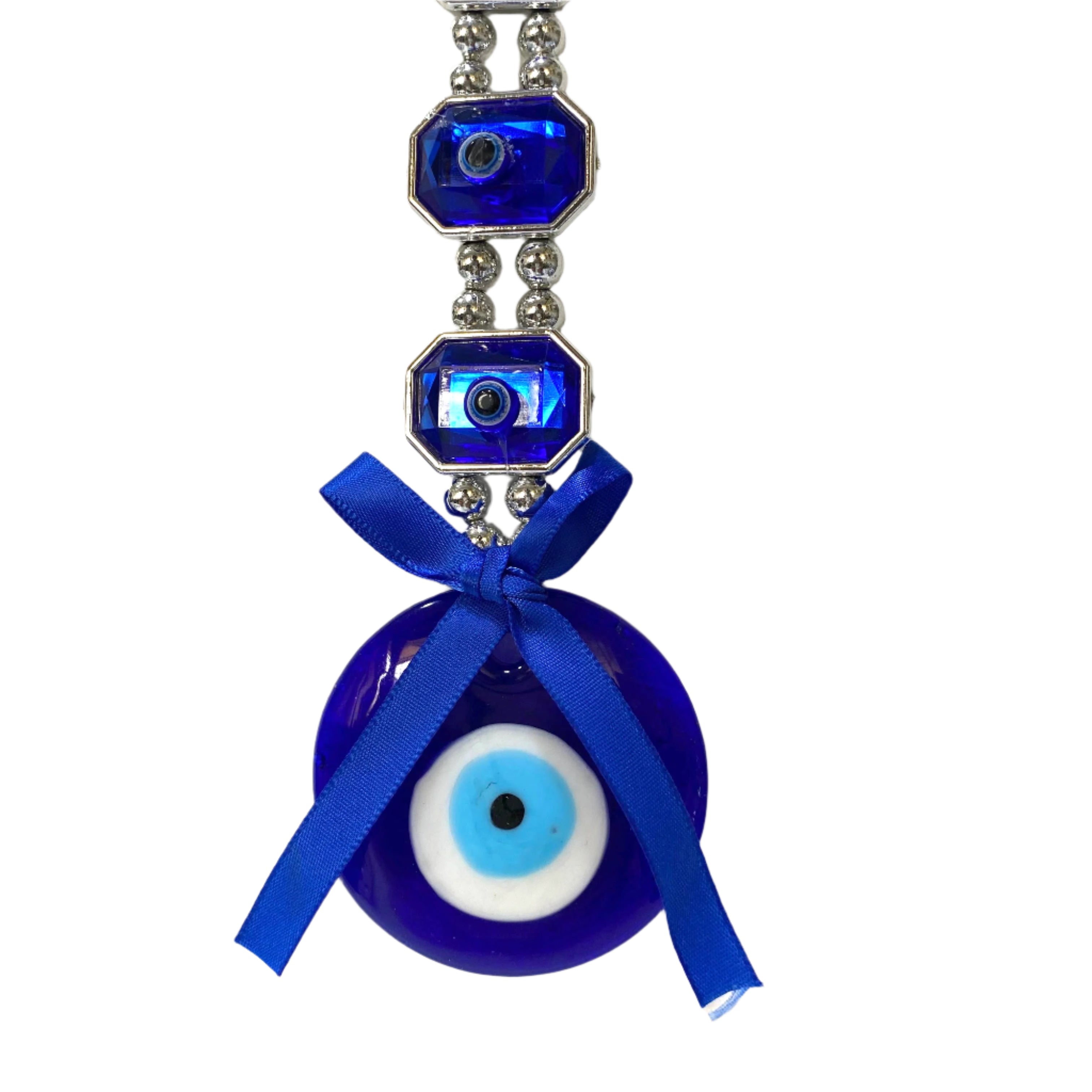 Blue evil eye pendant with a blue ribbon on a white background