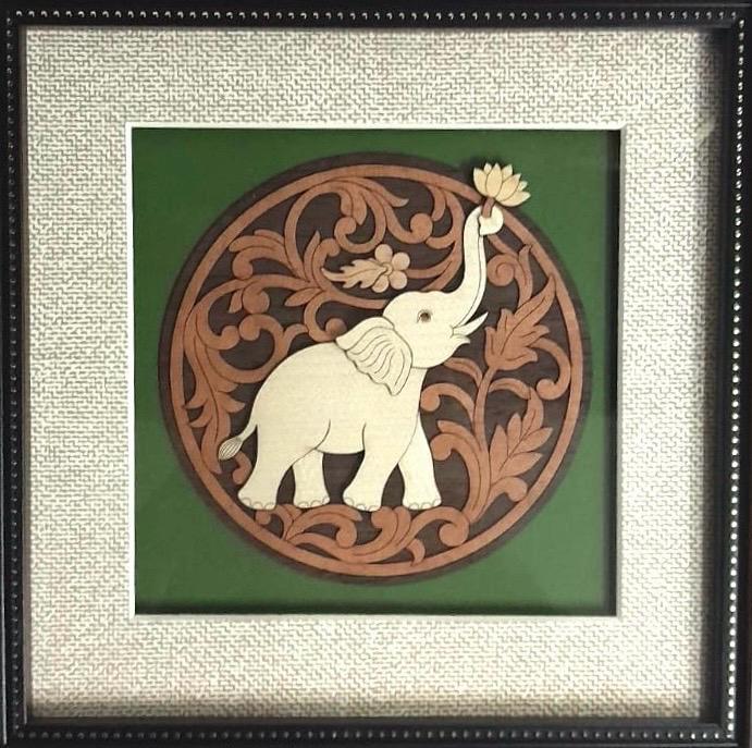 Auspicious Wooden Art Frame Elephant With Lotus For New 3D Design By Tamrapatra