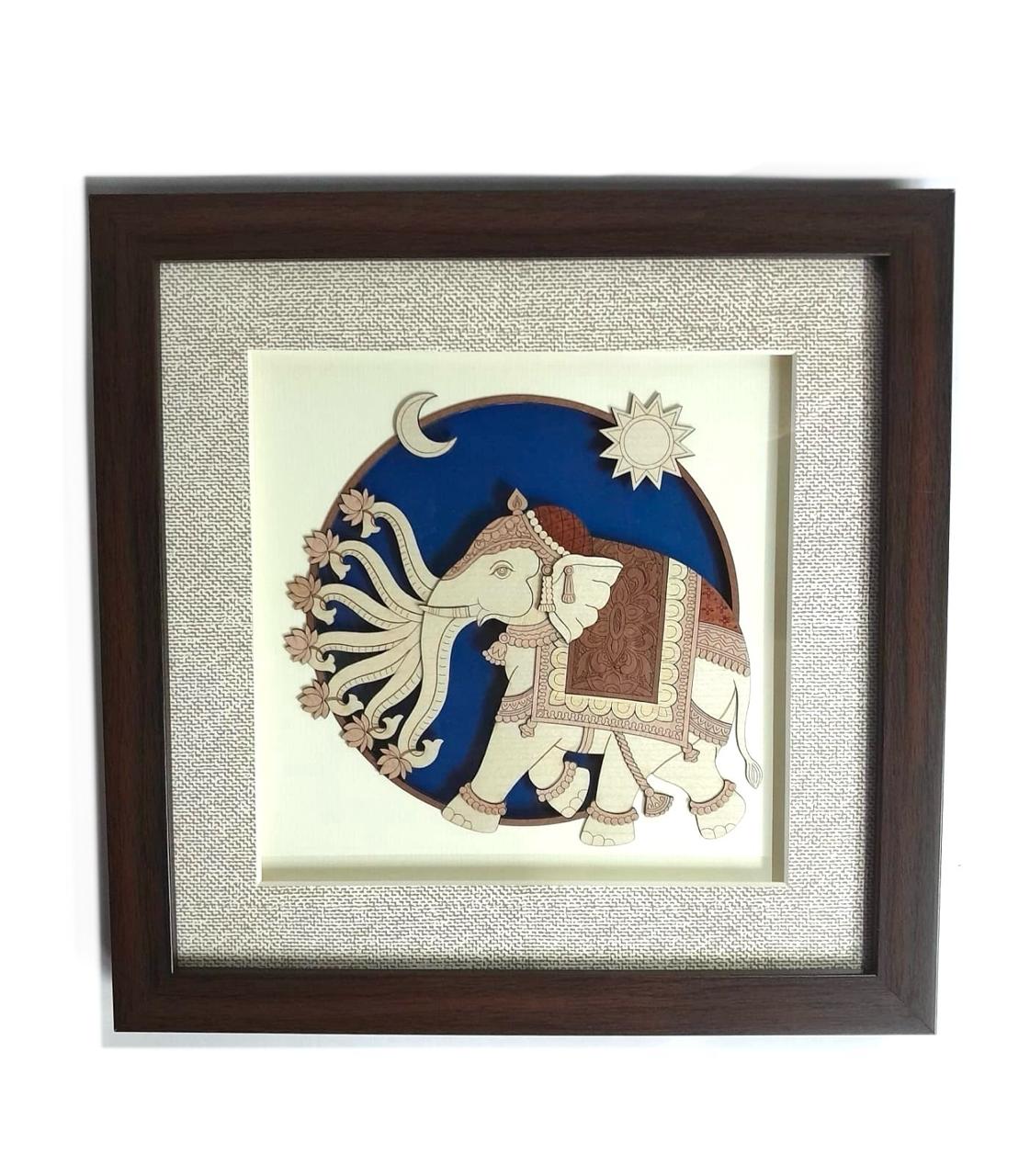 Airavata "King Of Elephants" With 7 Trunks Divine Wooden Art Wall Frame Tamrapatra