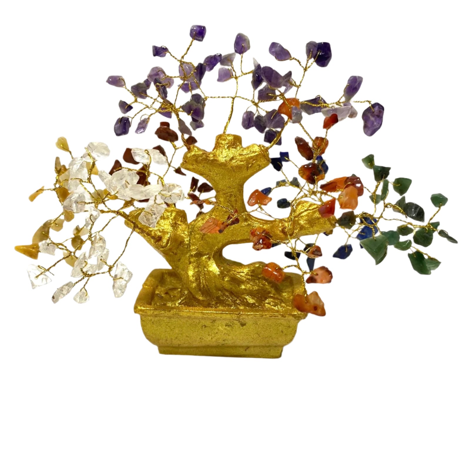 Decorative crystal tree with multicolored stones on a gold base against a white background