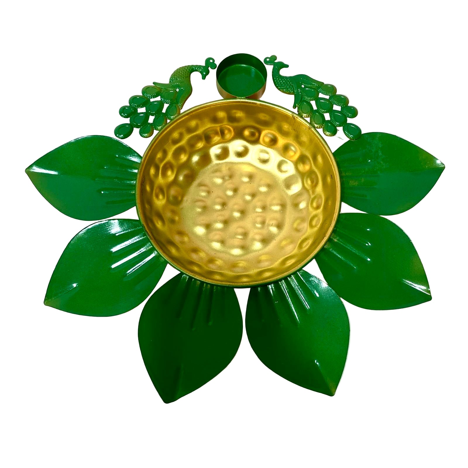 Decorative wall art with green leaves and a gold center on a white background