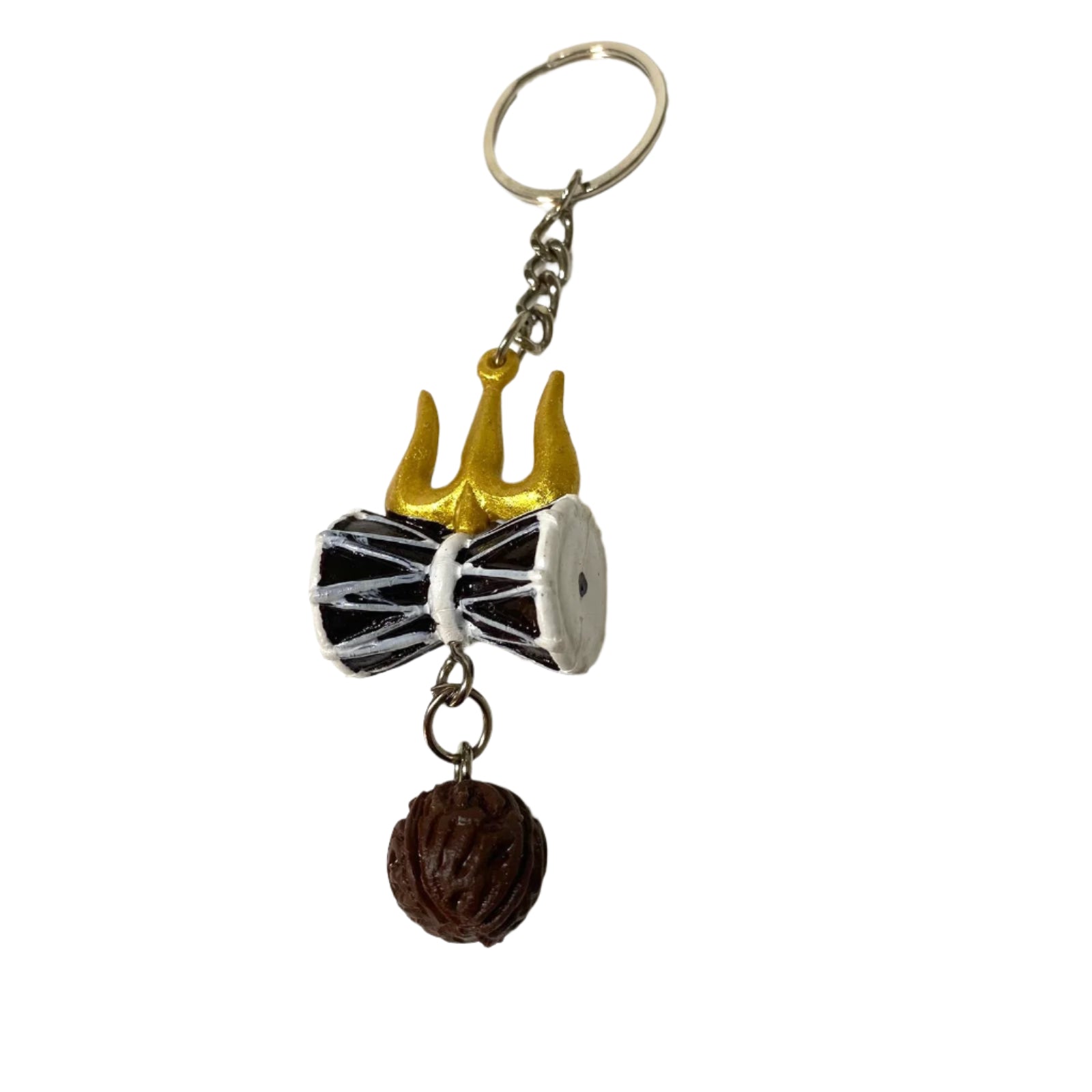 Keychain with a drumstick, drum head, and wooden ball on a textured white background