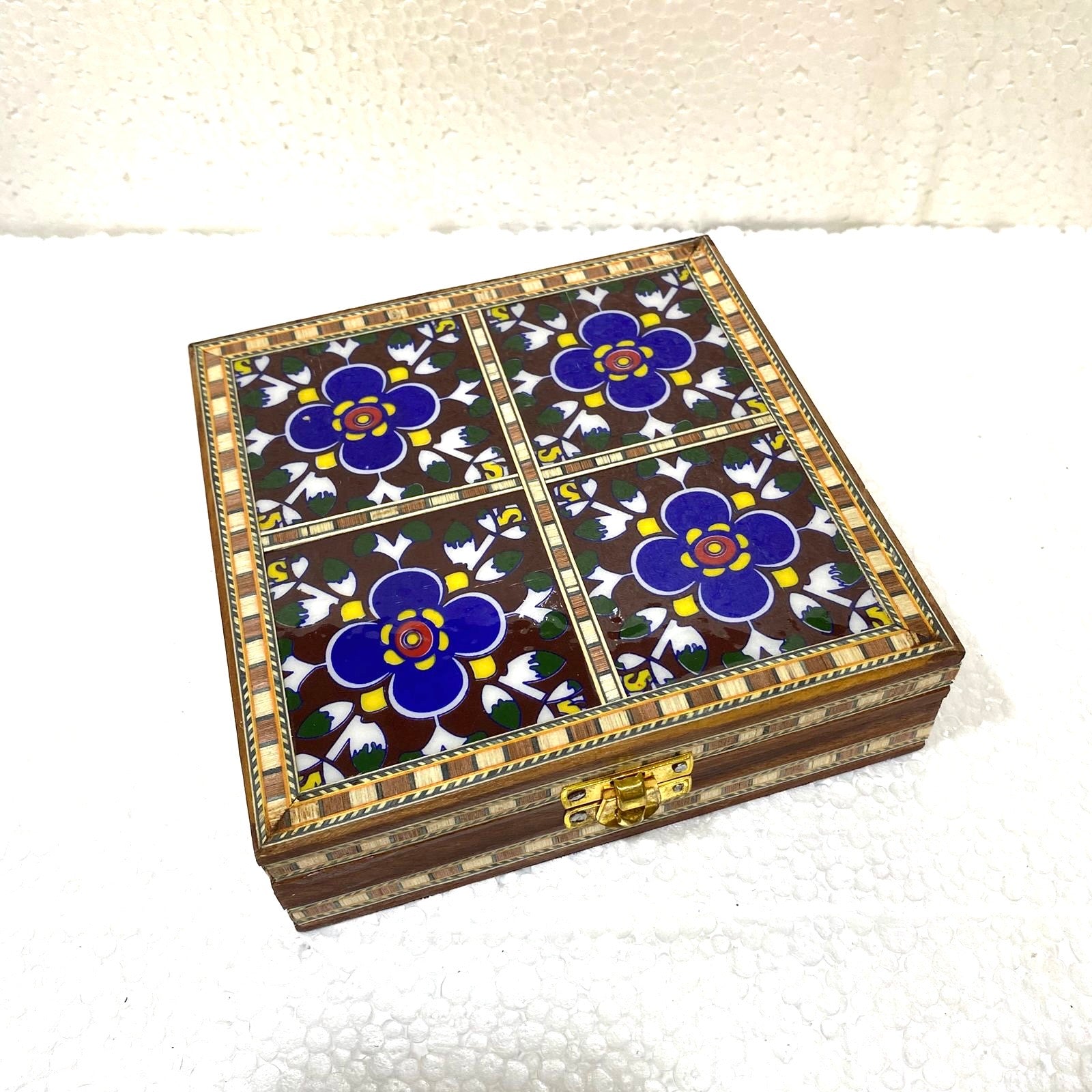 Blue Pottery Tile Wooden Box Storage Utility Jewelry New Arrival Tamrapatra