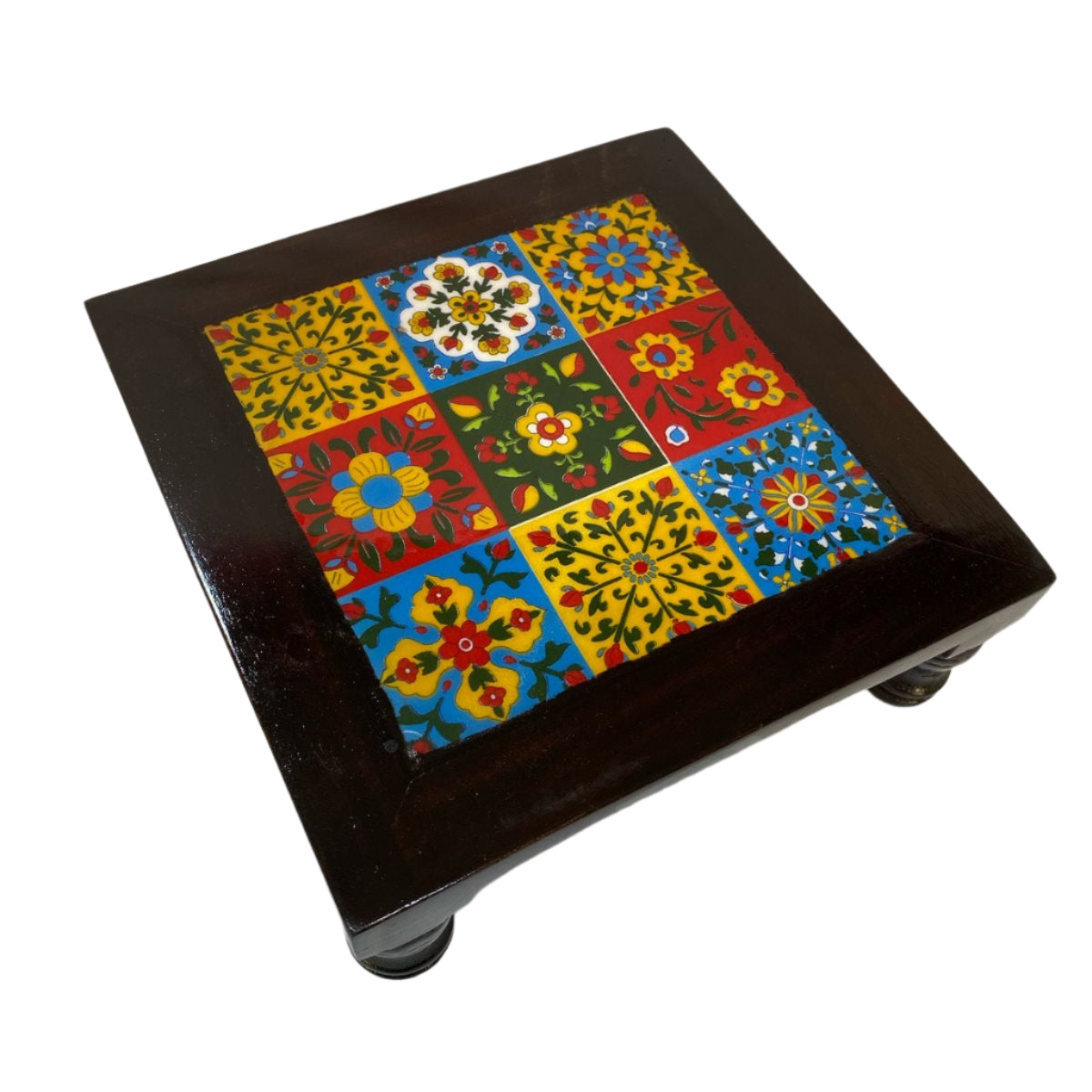 Wooden Stool With Blue Pottery Tiles Exclusive Furniture Collection From Tamrapatra