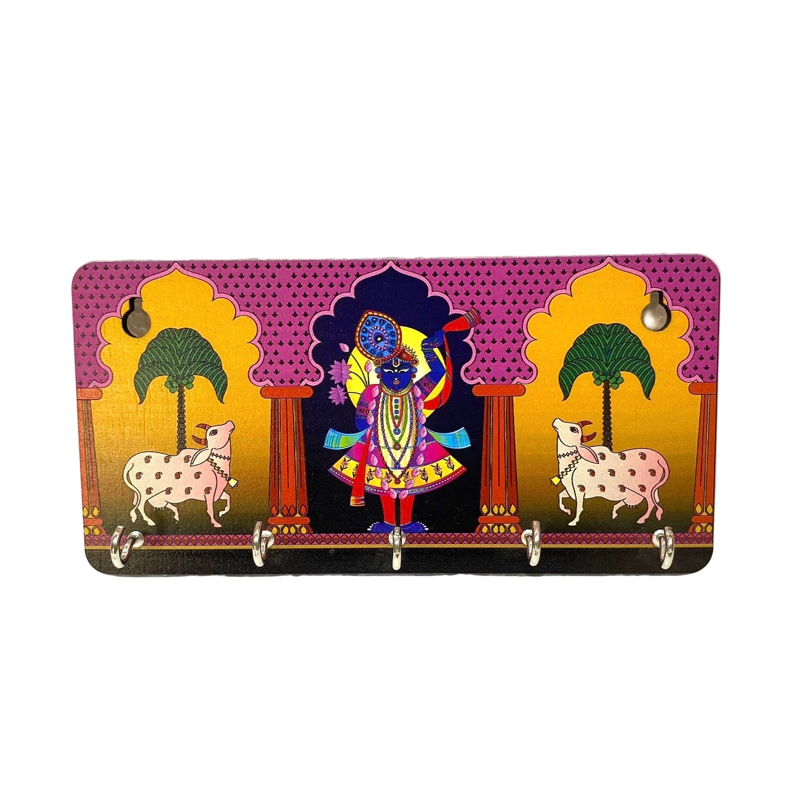 Decorative key holder with a colorful design of a deity and cows on a purple background.