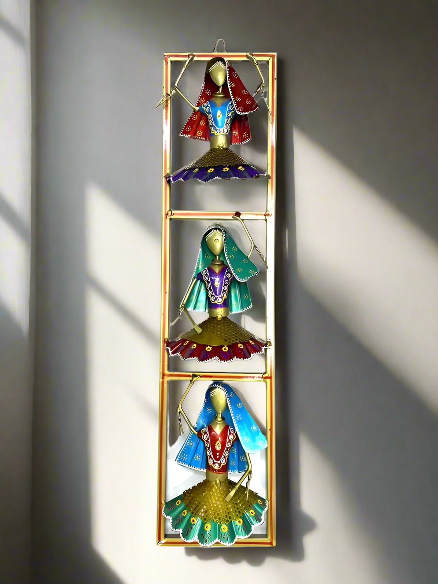 3 Dancing Dolls In Vertical Metal Frame Exclusive Wall Art Ethnic By Tamrapatra