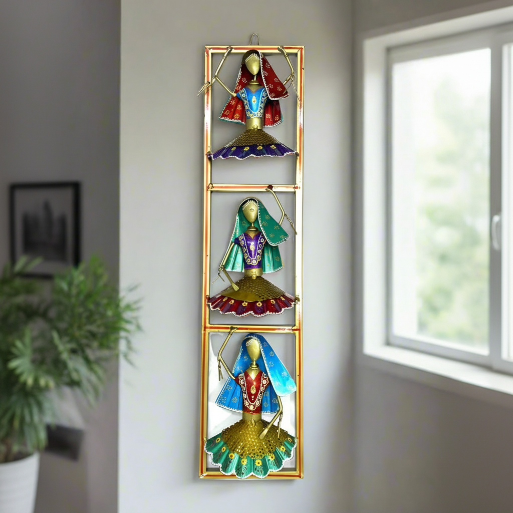 3 Dancing Dolls In Vertical Metal Frame Exclusive Wall Art Ethnic By Tamrapatra - Tamrapatra