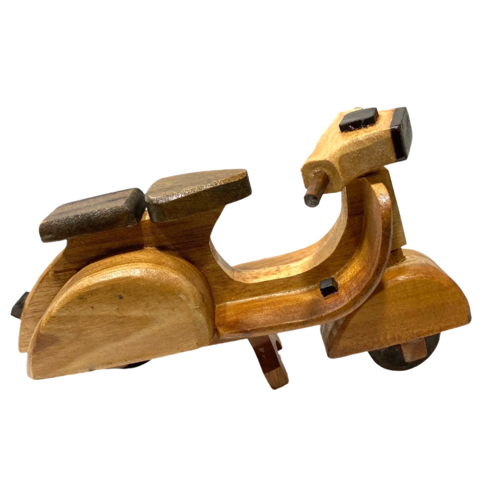 Wooden toy scooter on a textured white background