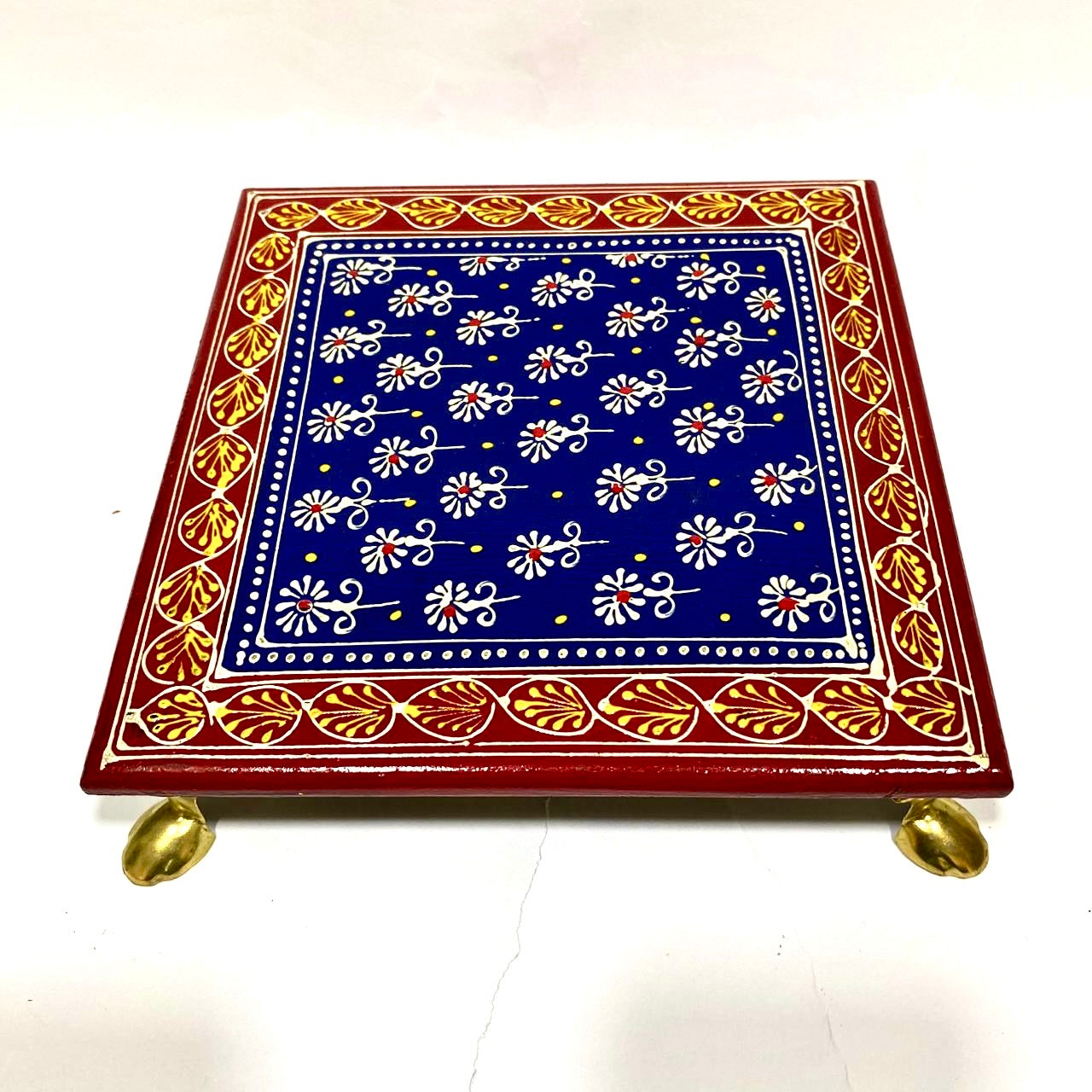 Wooden Hand Painted Chowki Bajoth With Metal Legs Handcrafted By Tamrapatra