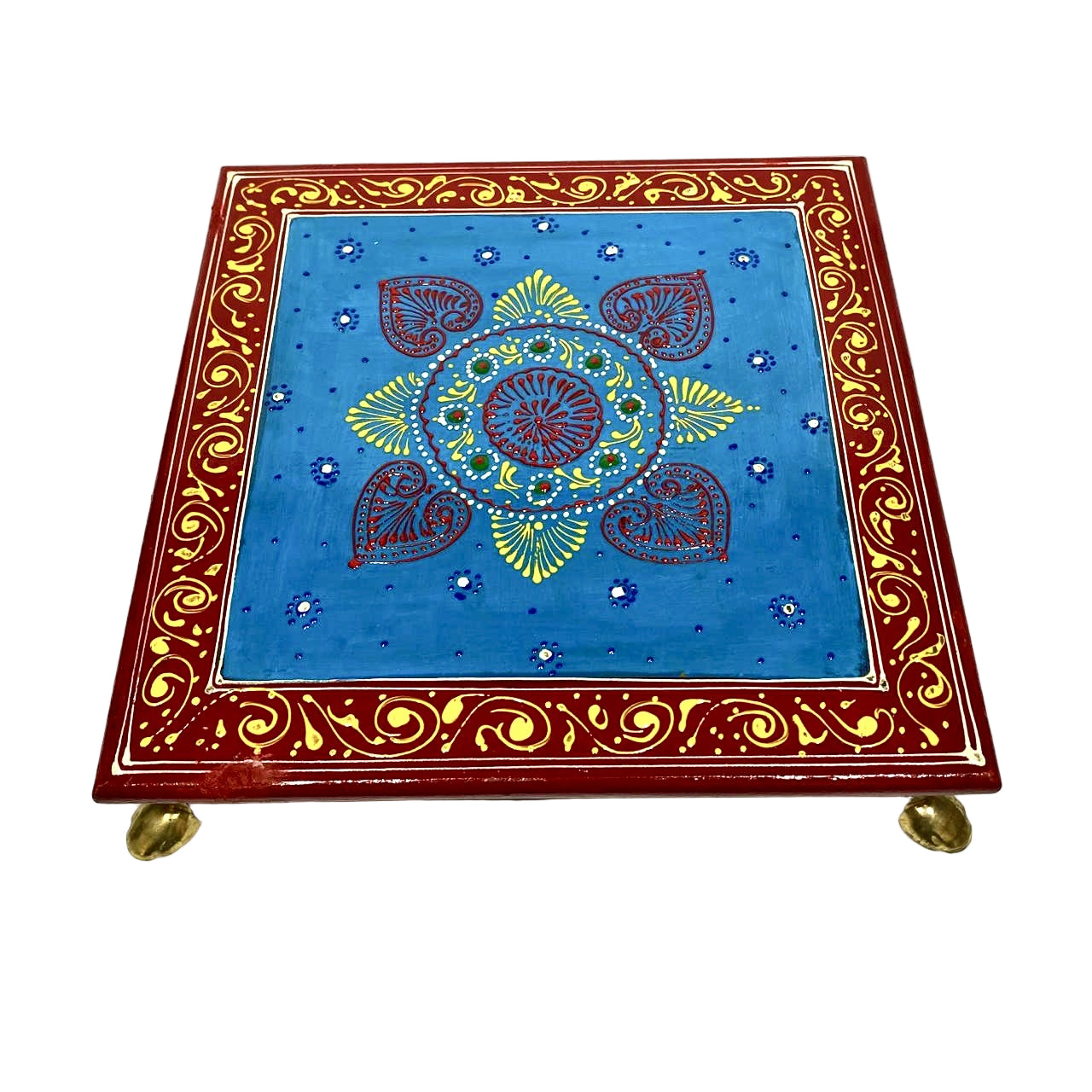 Handcrafted Wooden Chowki Bajoth With Metal Legs XL Size From Tamrapatra