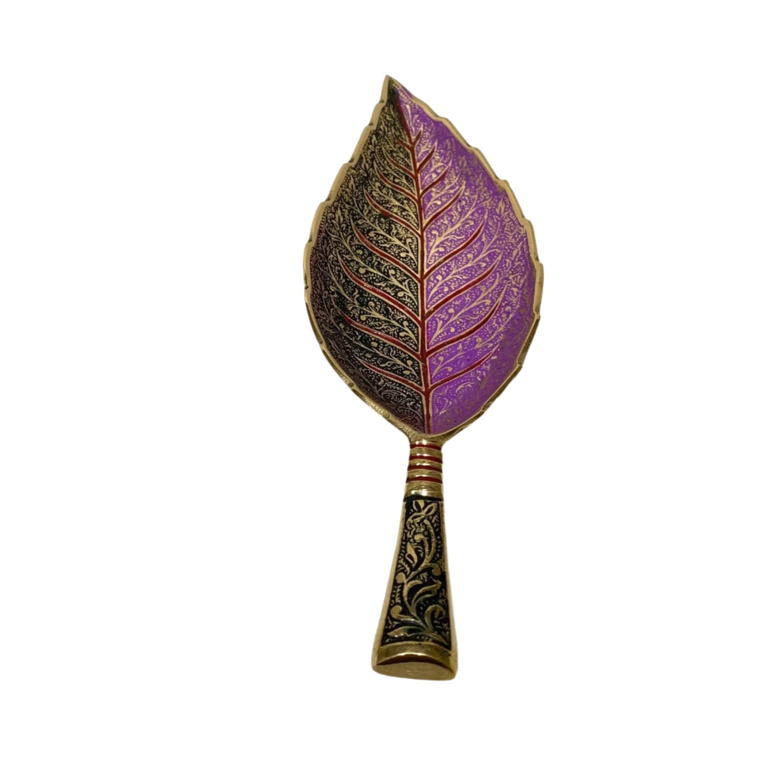Handheld mirror with purple leaf design on a textured white background