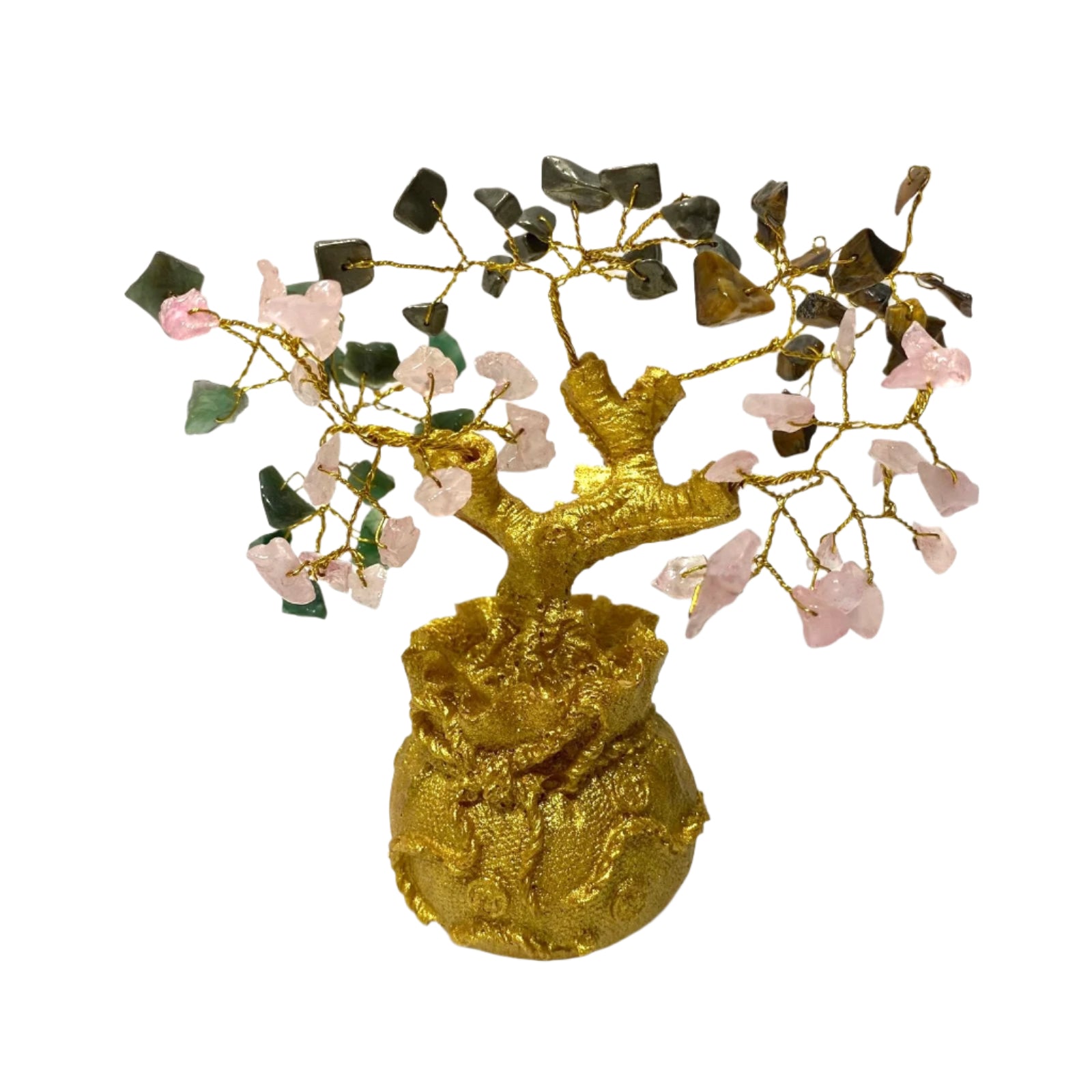 Decorative gold tree with gemstones on a textured white background