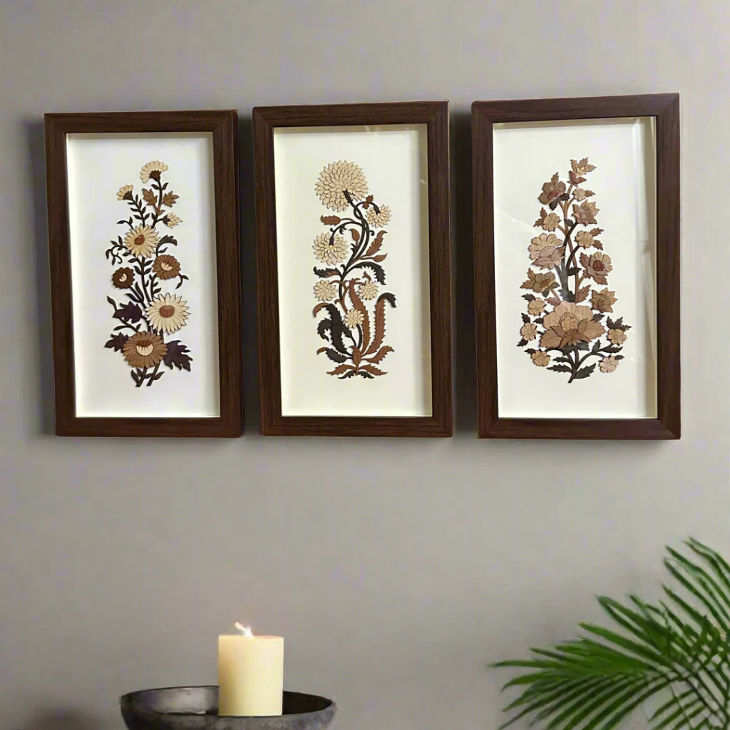 Three framed floral patterns on a white background