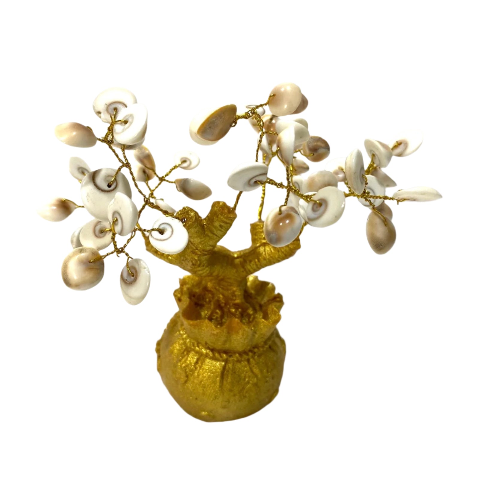 Decorative tree made of white shells on a gold base against a light background
