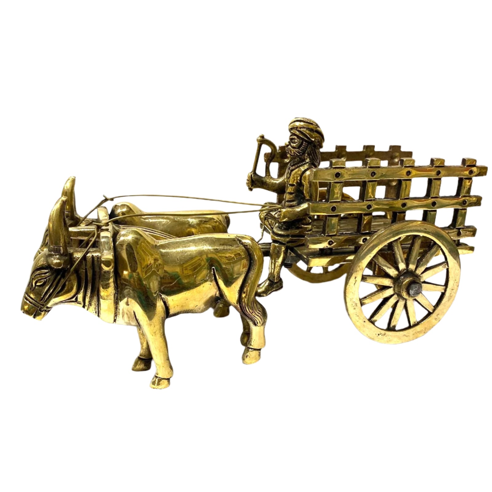 Bronze sculpture of a bull pulling a cart with a driver on a white background