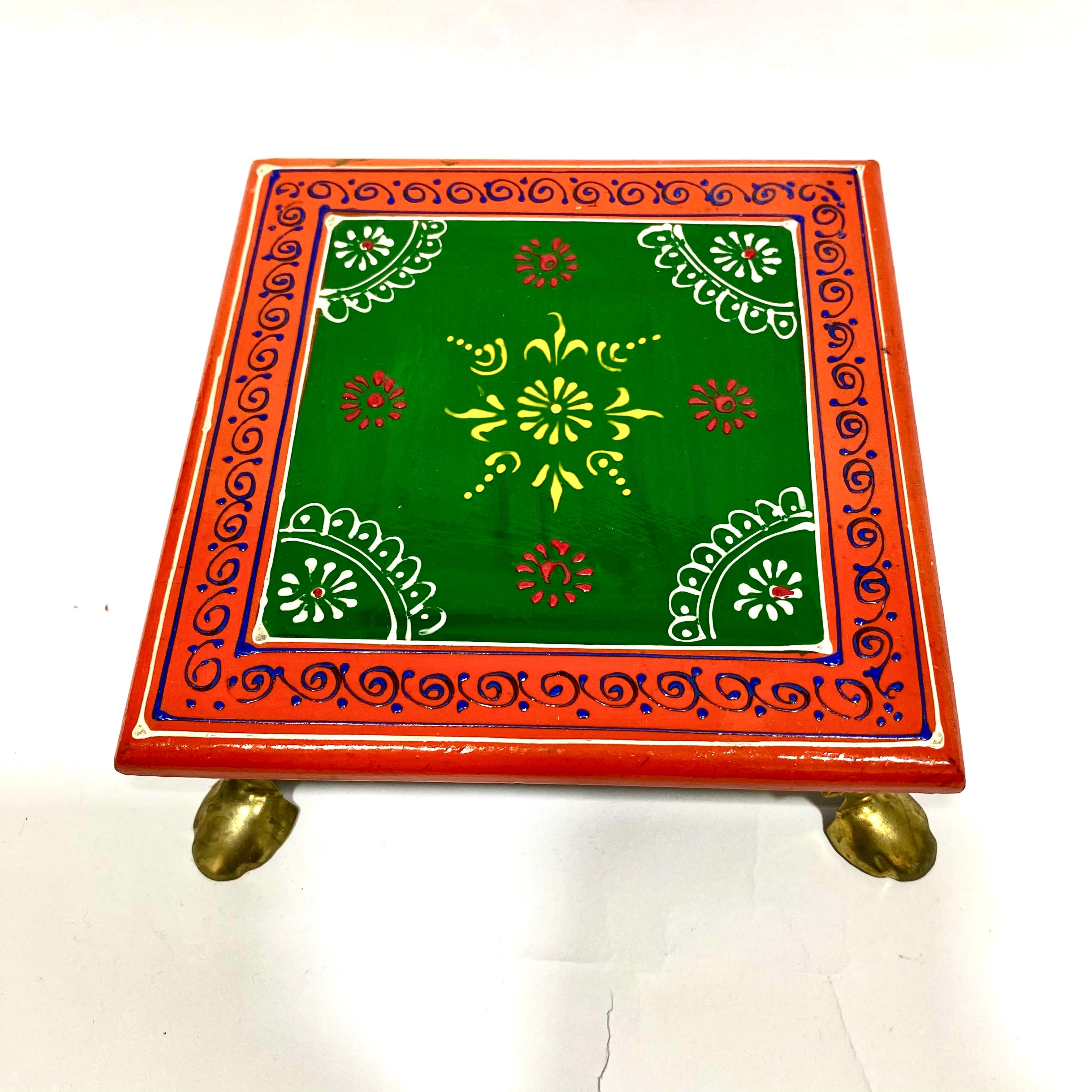 Hand Painted Wooden Bajoth Color With Metal Legs Handcrafted By Tamrapatra