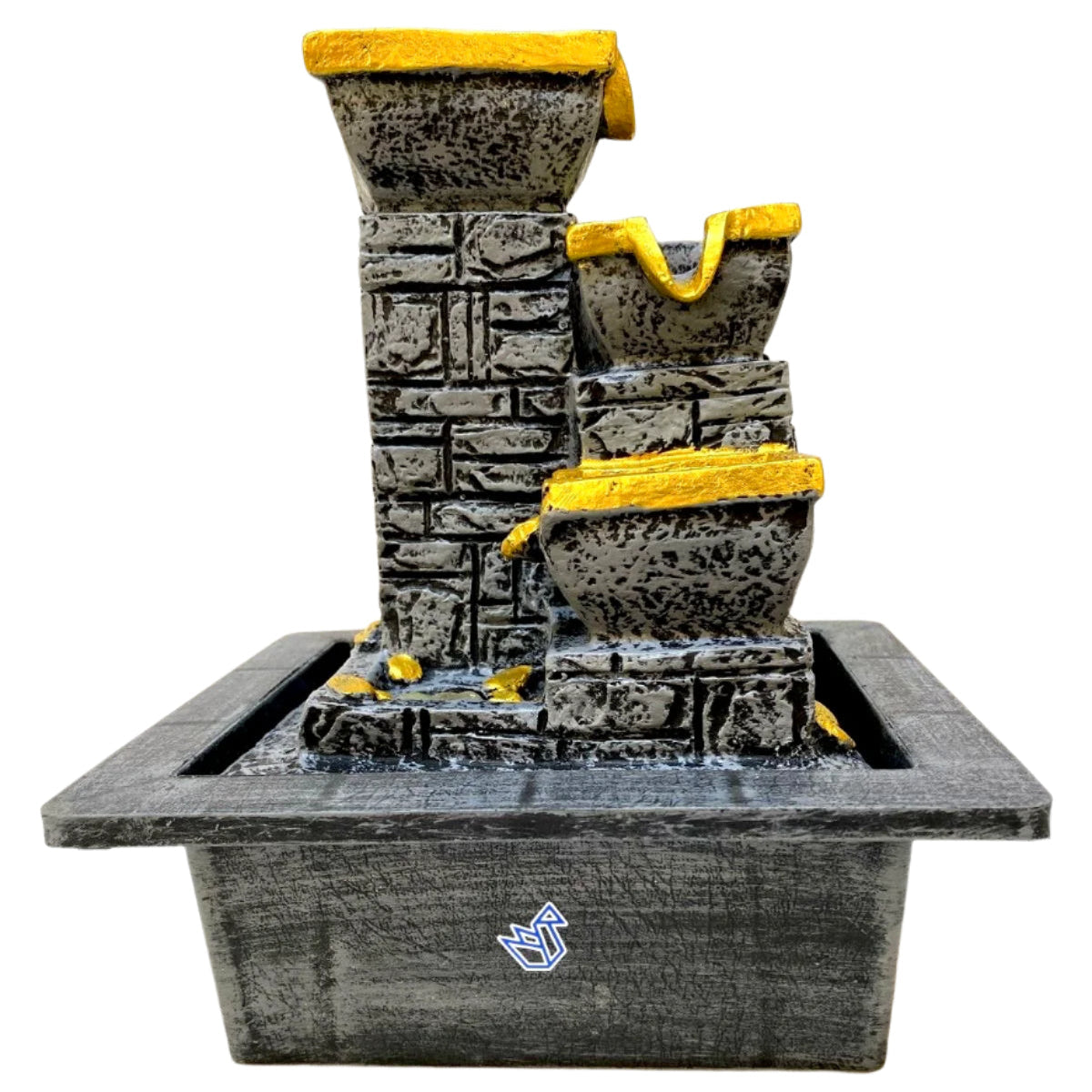 A artificial water fountain inspired by traditionally Indian village water systems, featuring gray tones with yellow accents.