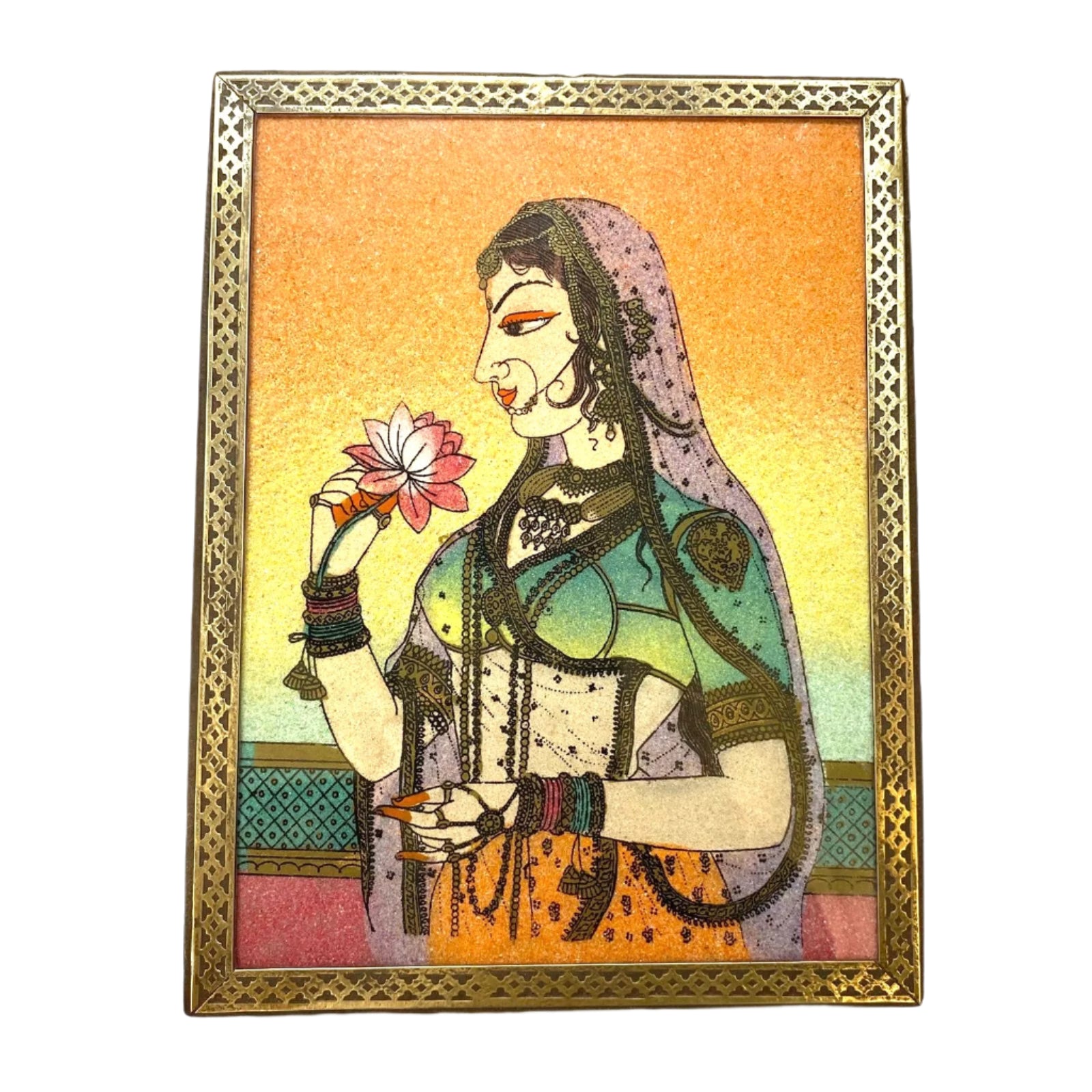 Framed artwork of a woman holding a flower with a decorative border