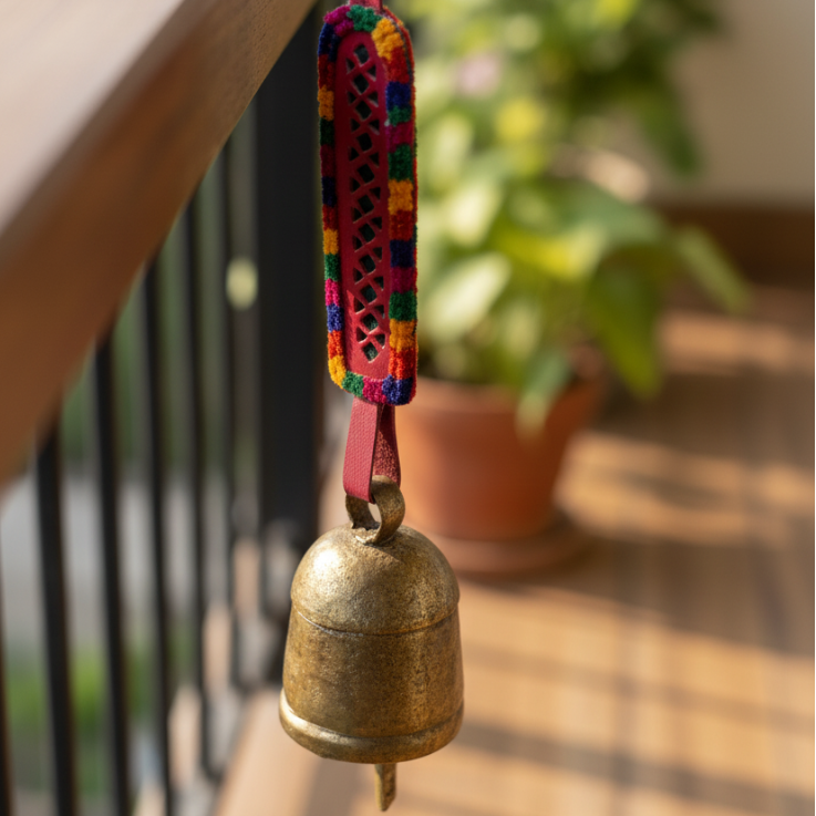 Hanging Metal Bells L Size Decoration With Leather Stitched By Tamrapatra