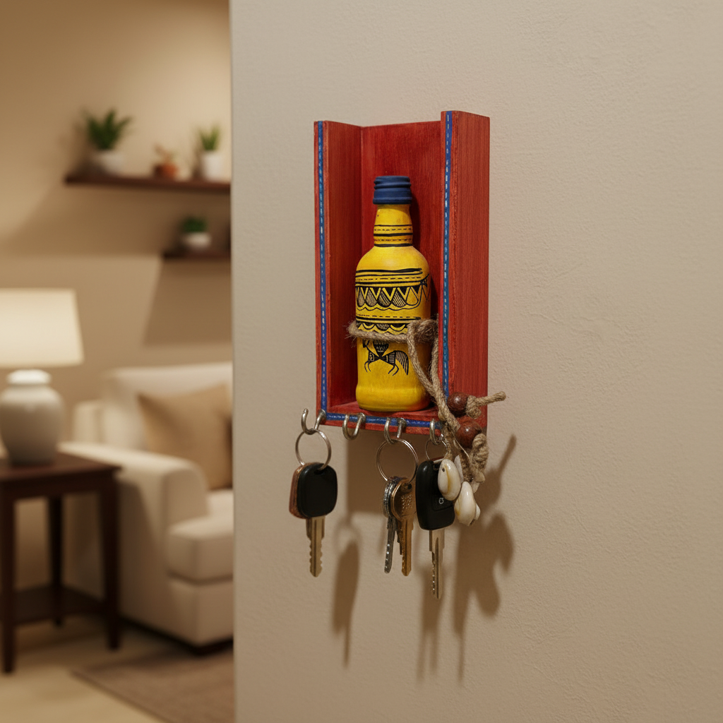 Key Holder Planter Bottle Hand Painted On Wooden Shelf With Beads Tamrapatra - Tamrapatra