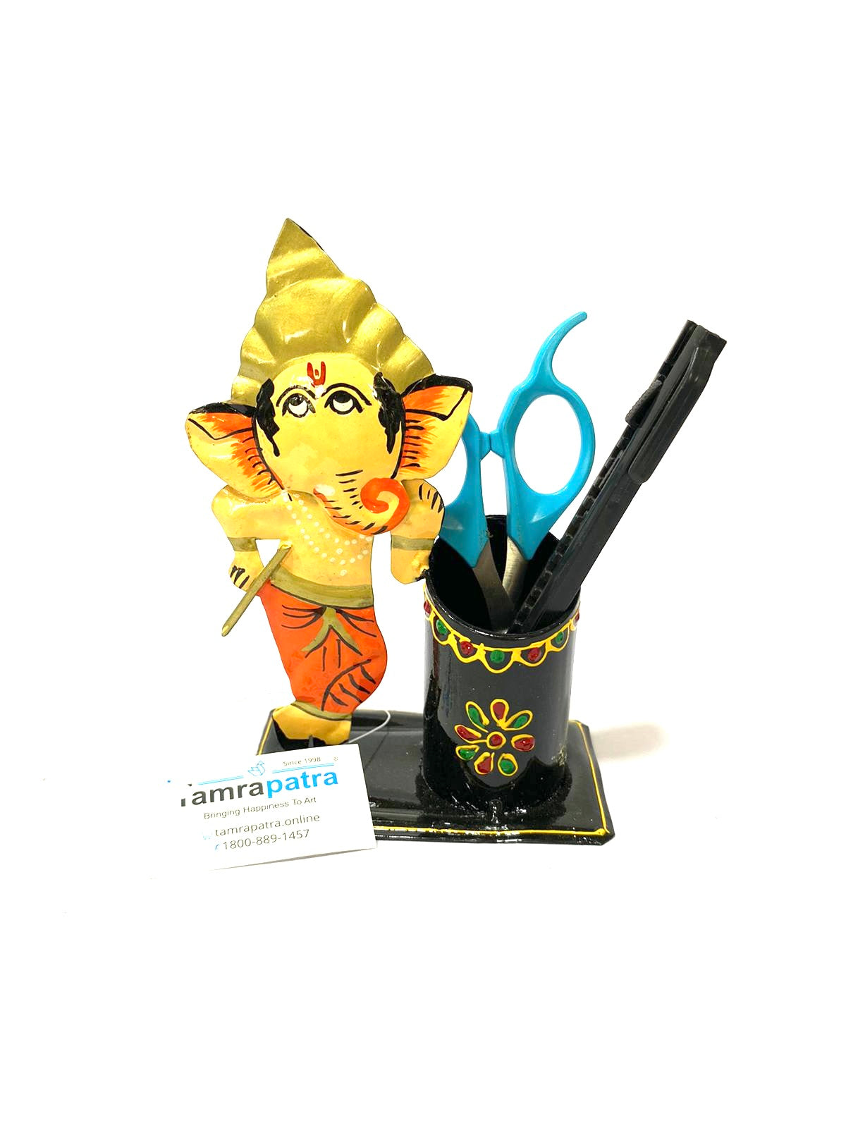 Creative Metal Pen Stand With God Figurine New Arrivals Handmade From Tamrapatra