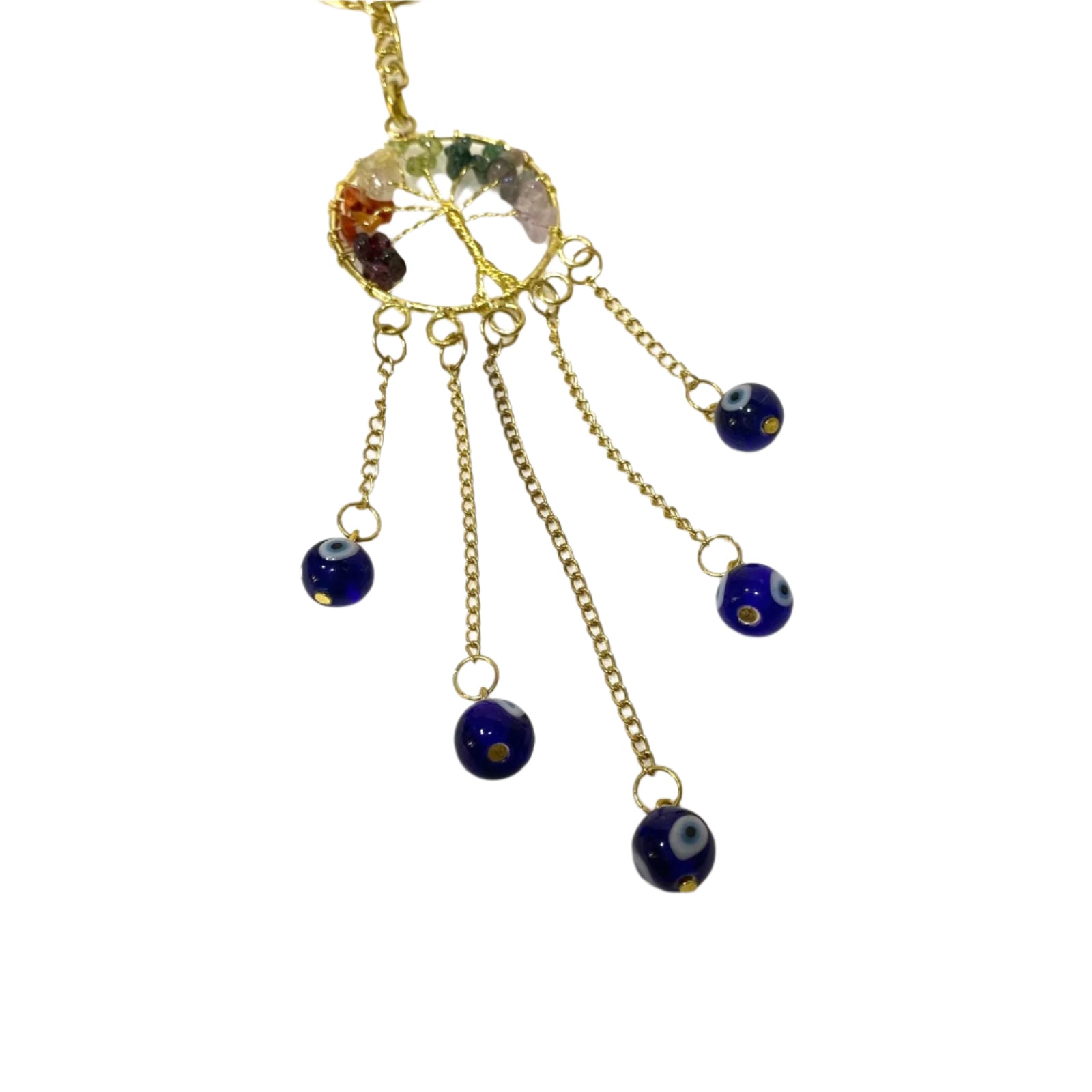 Necklace with gold chain and blue beads on a white background