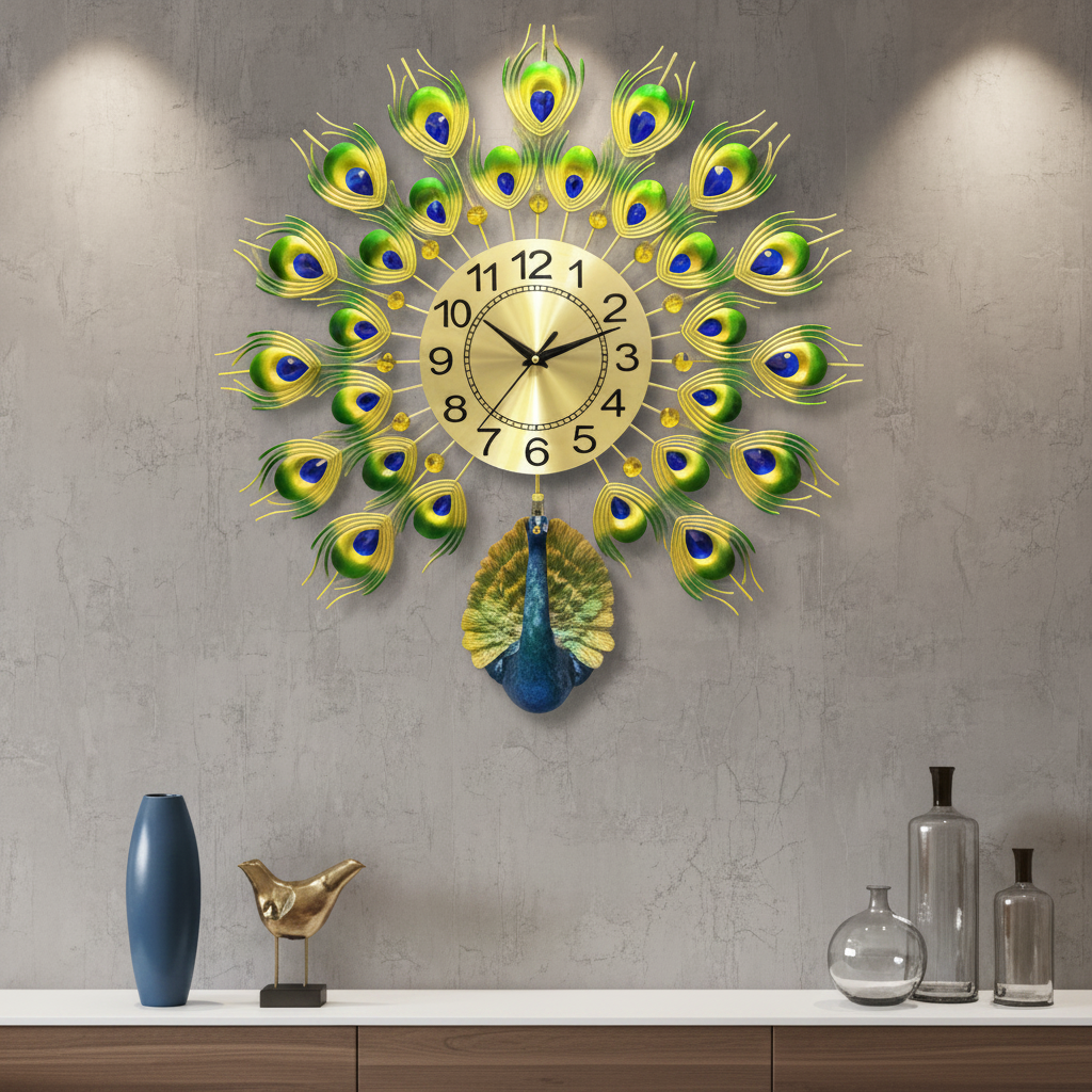 Decorative wall clock with peacock design on a gray wall