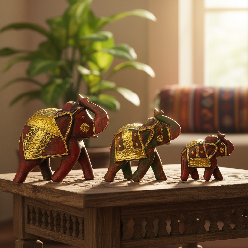European Style Wooden Elephant HandPainted Rustic Finish By Tamrapatra