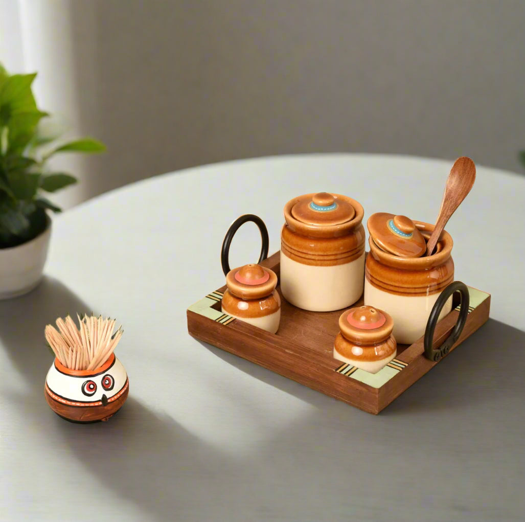 Salt Pepper With Toothpick Stand On Wooden Tray All In One By Tamrapatra