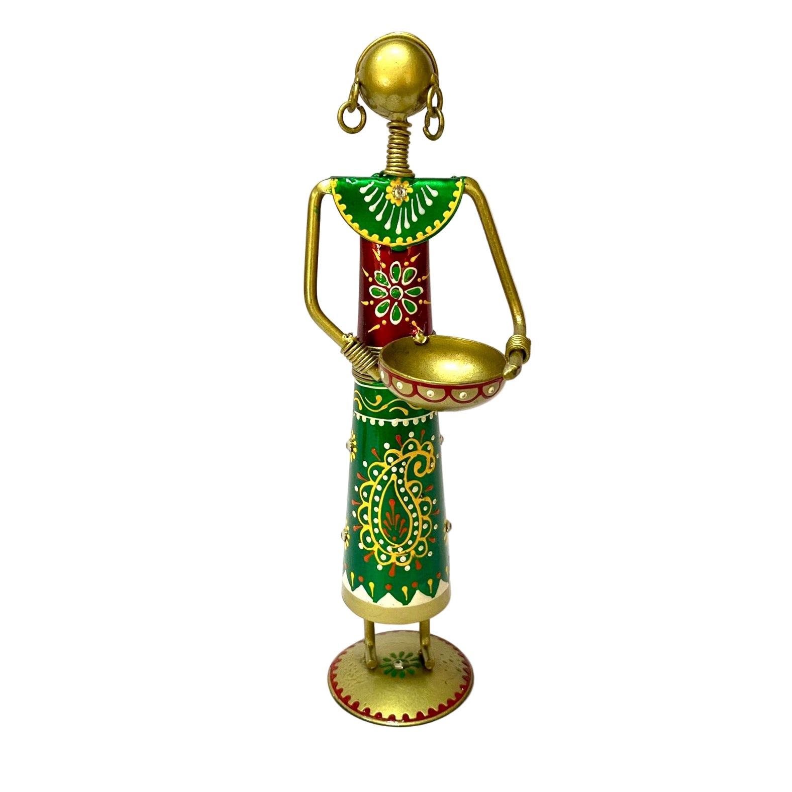 Decorative figurine with a green and red design on a white background