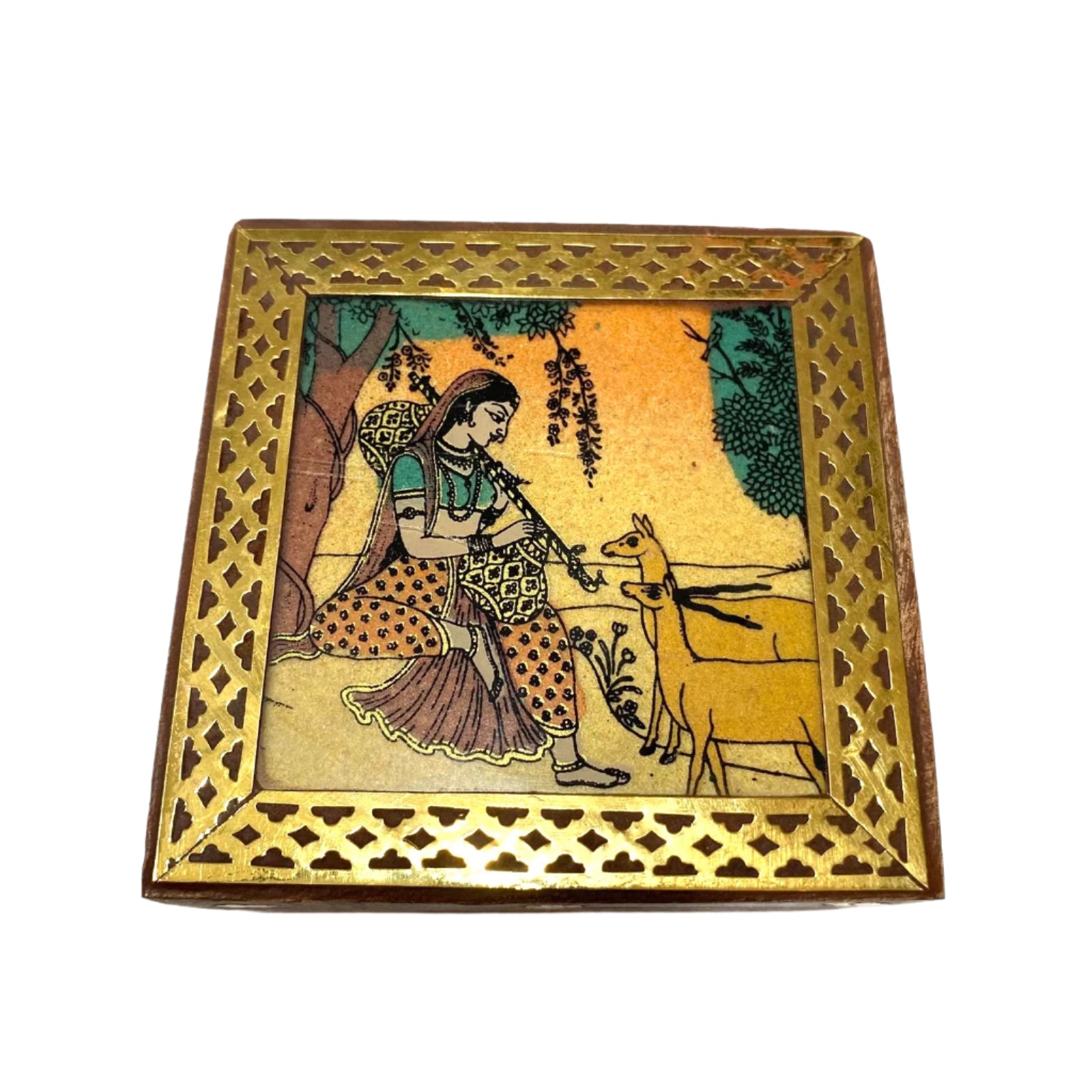 Decorative box with a woman and dog illustration in a decorative frame