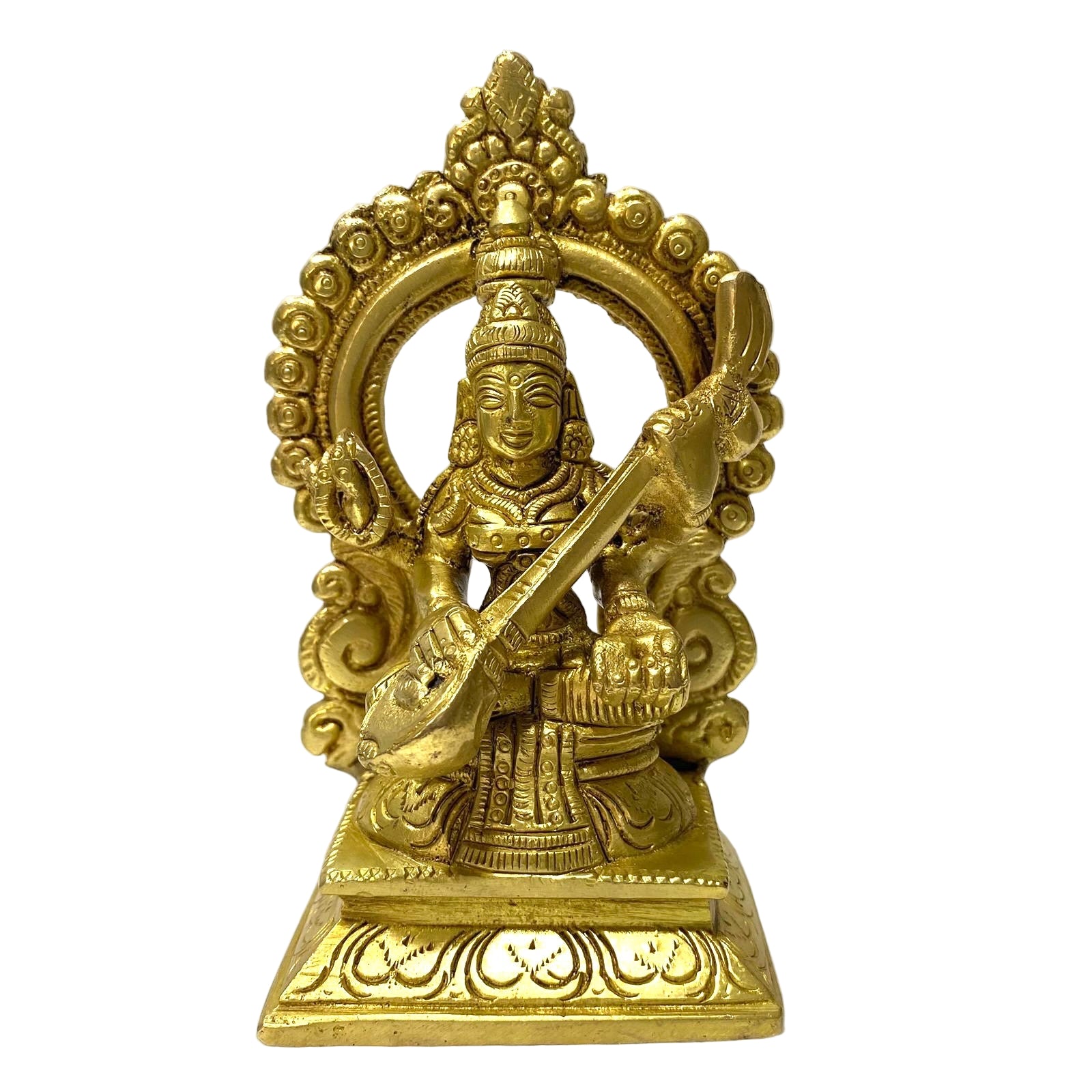 Decorative brass statue of a deity on a white background