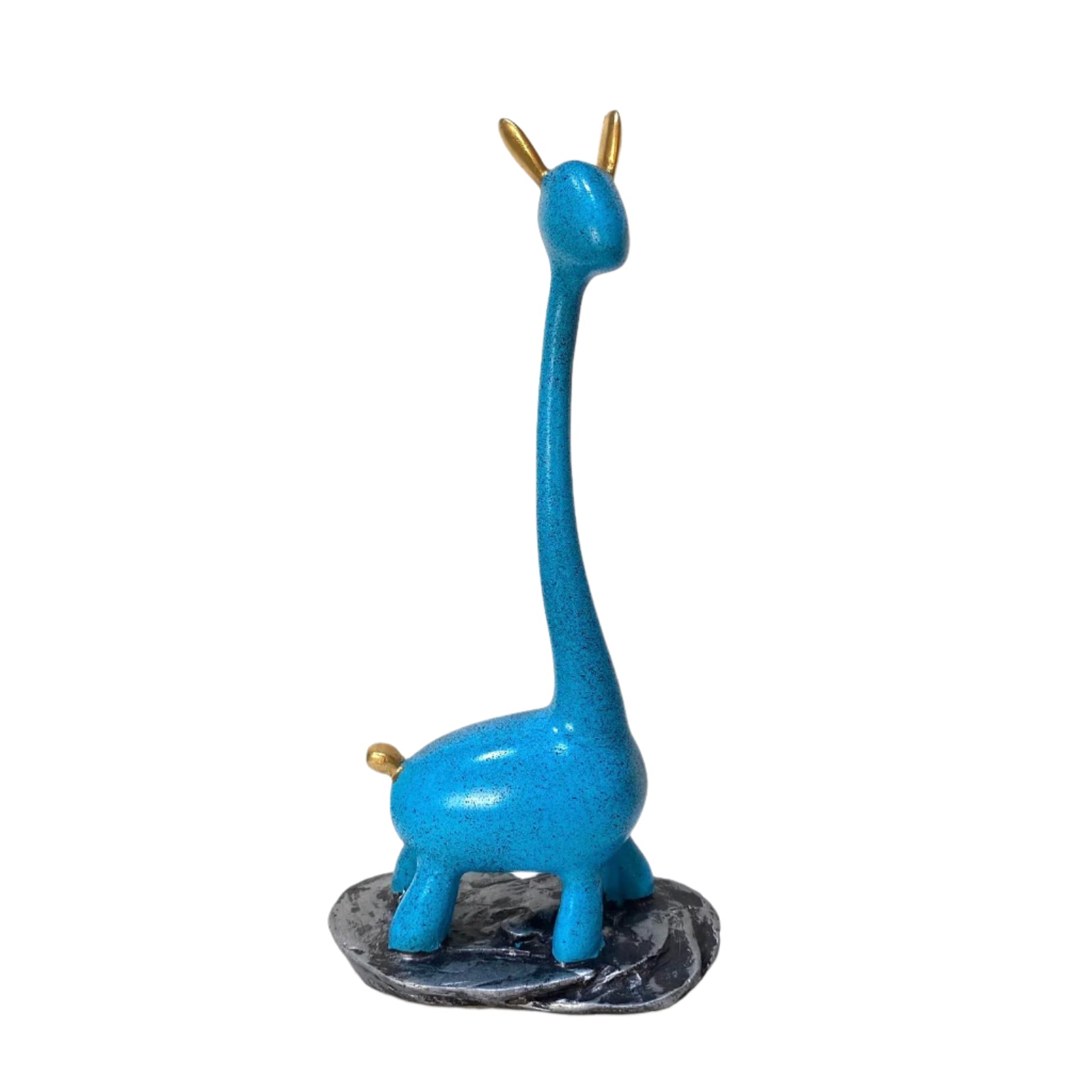 Blue giraffe figurine on a white surface with a light background