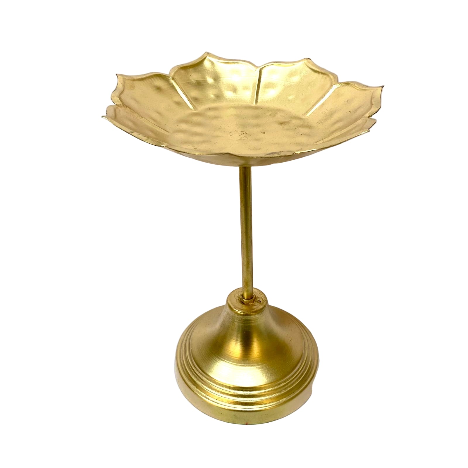 Gold decorative bowl on a stand against a white background