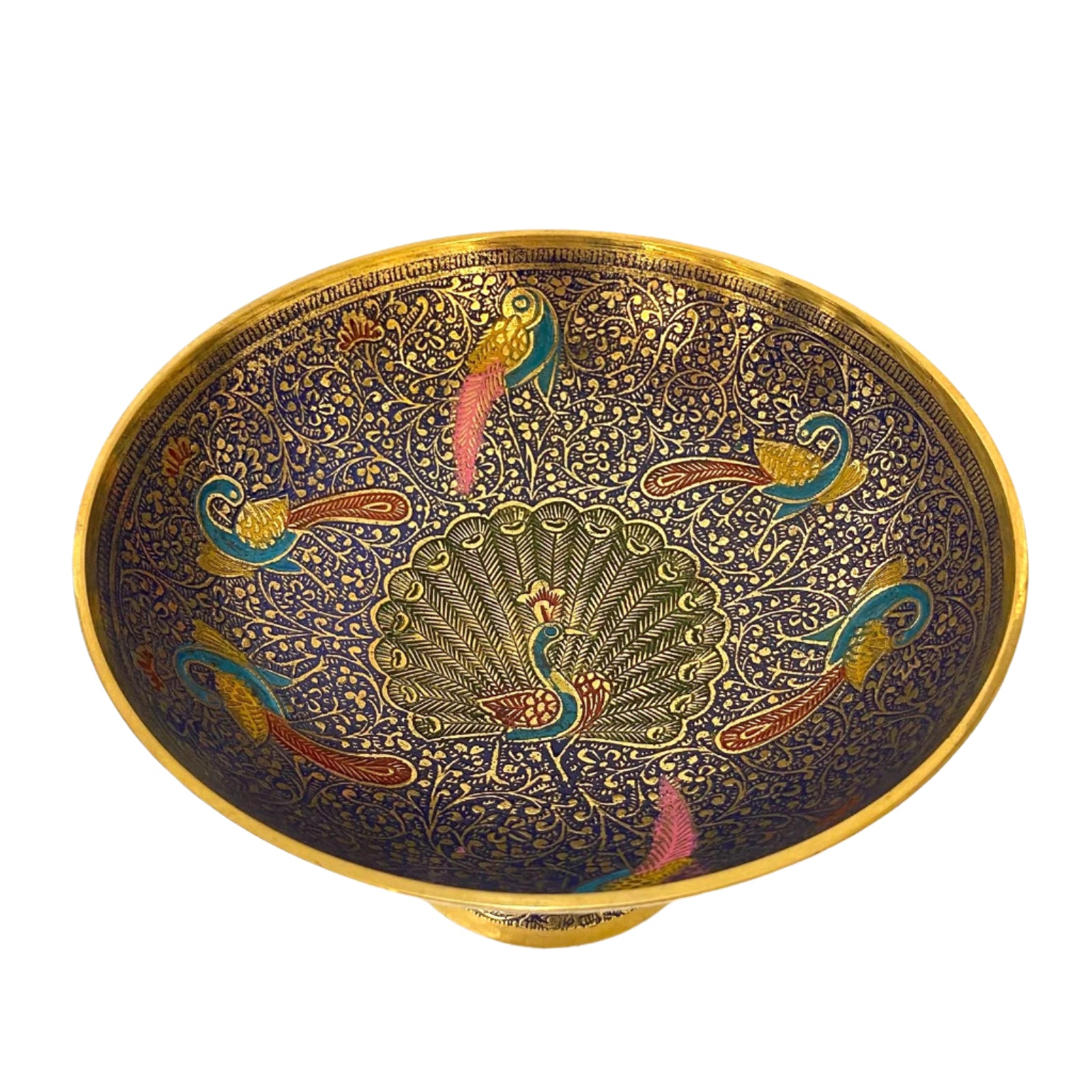 Decorative bowl with peacock design on a white background