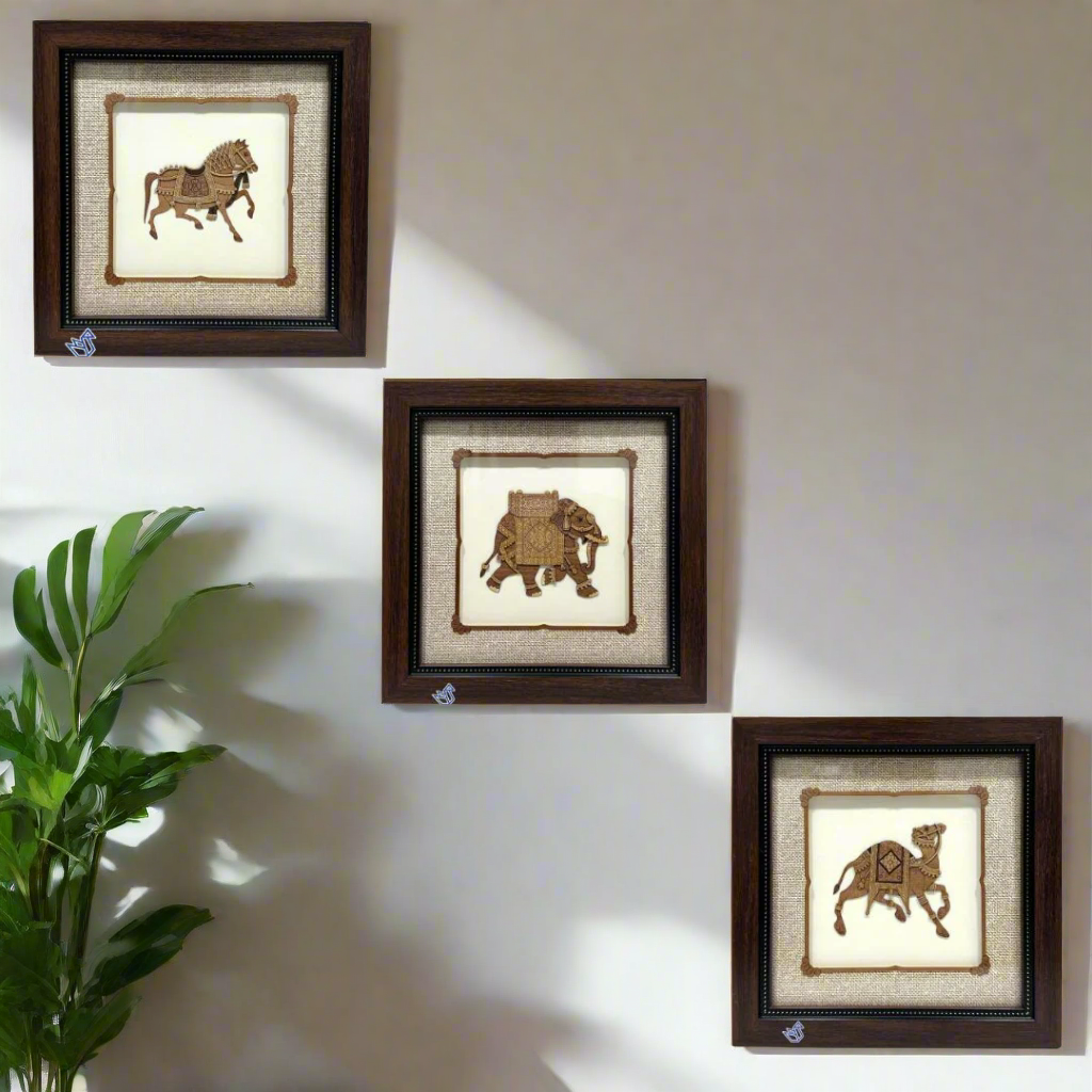 Set of three framed wall art pieces with animal illustrations on a white background