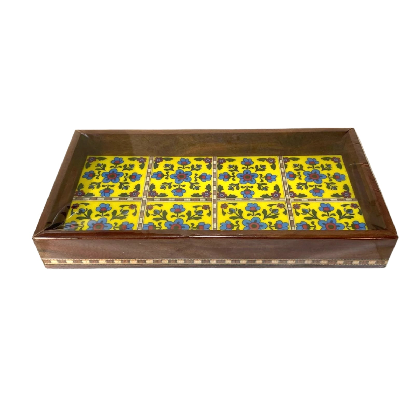Decorative wooden box with floral tile design on a white surface