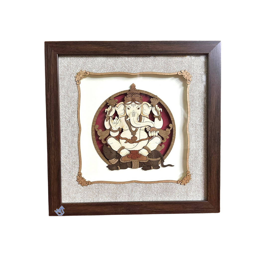 3D ArtWork Ganesh Using Natural Wooden Pieces Handcrafted Frame Tamrapatra