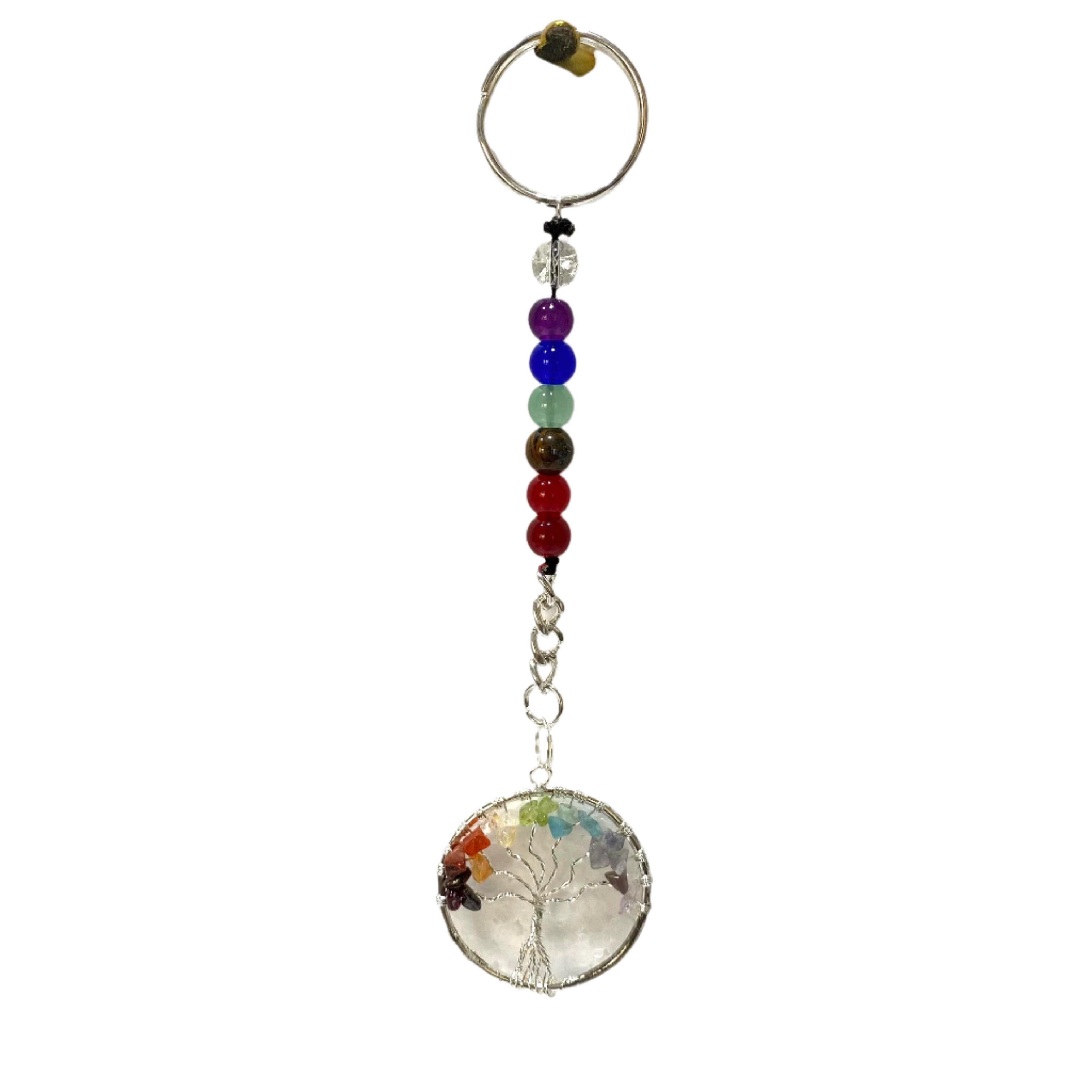 Keychain with tree of life design and colorful beads on a white background