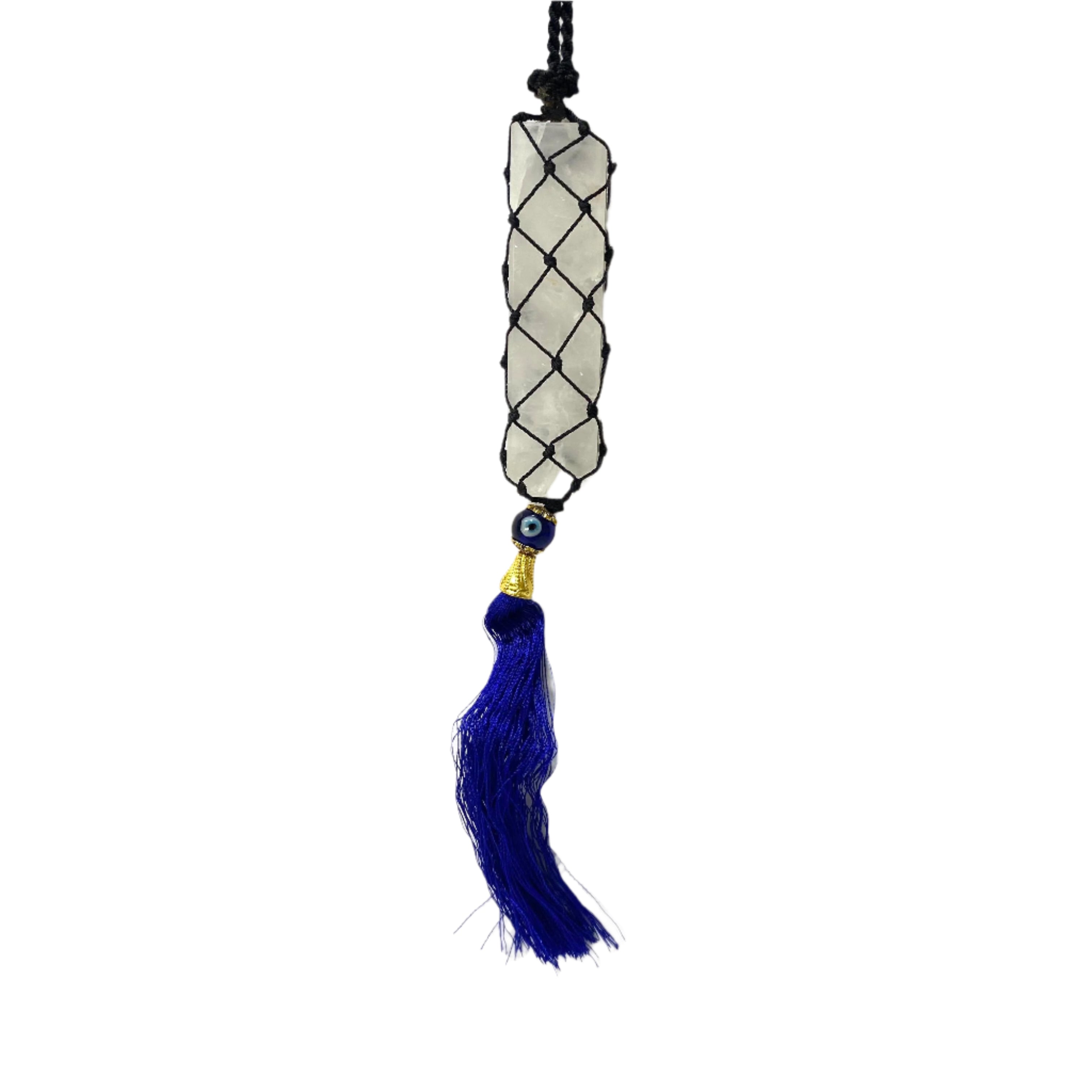 Decorative hanging with braided design and blue tassel on a white background