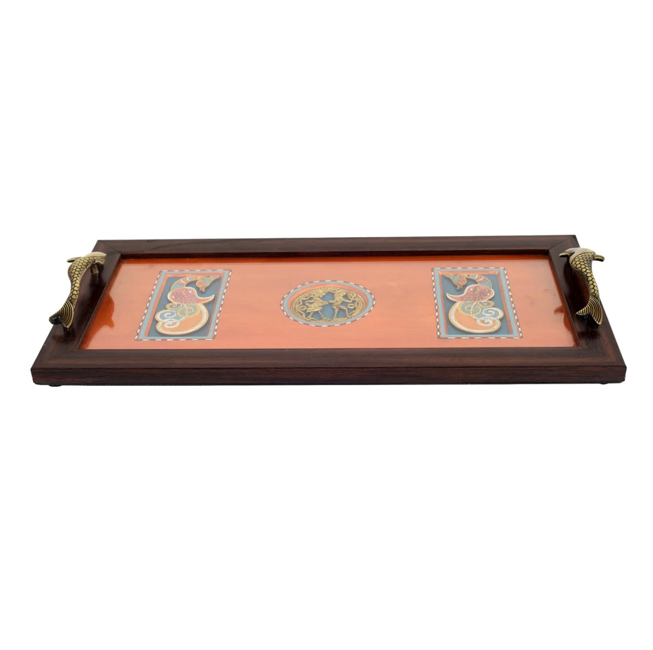 Handcrafted Orange Reddish Peacock Dhokra Wooden Tray Painted By Tamrapatra