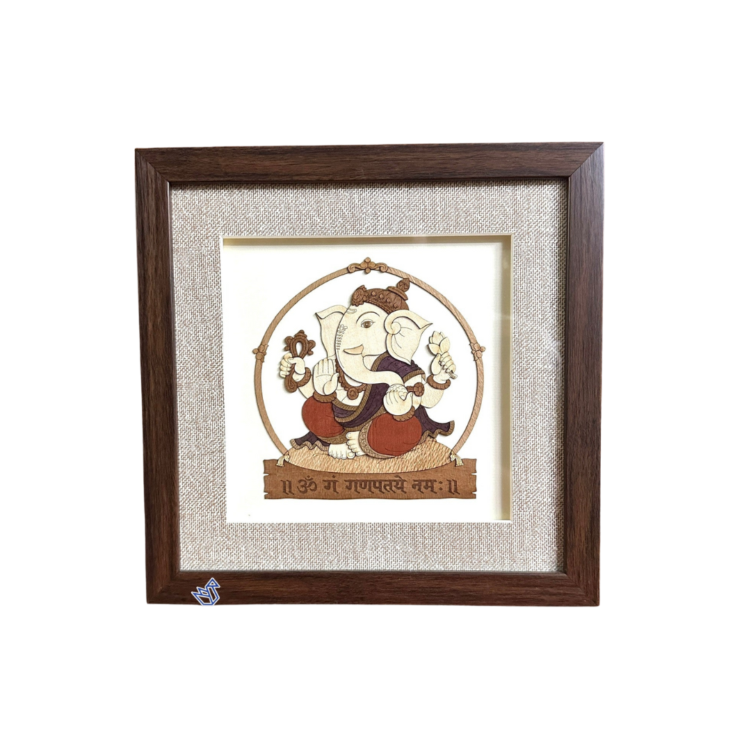 3D ArtWork Ganesh Using Natural Wooden Pieces Handcrafted Frame Tamrapatra
