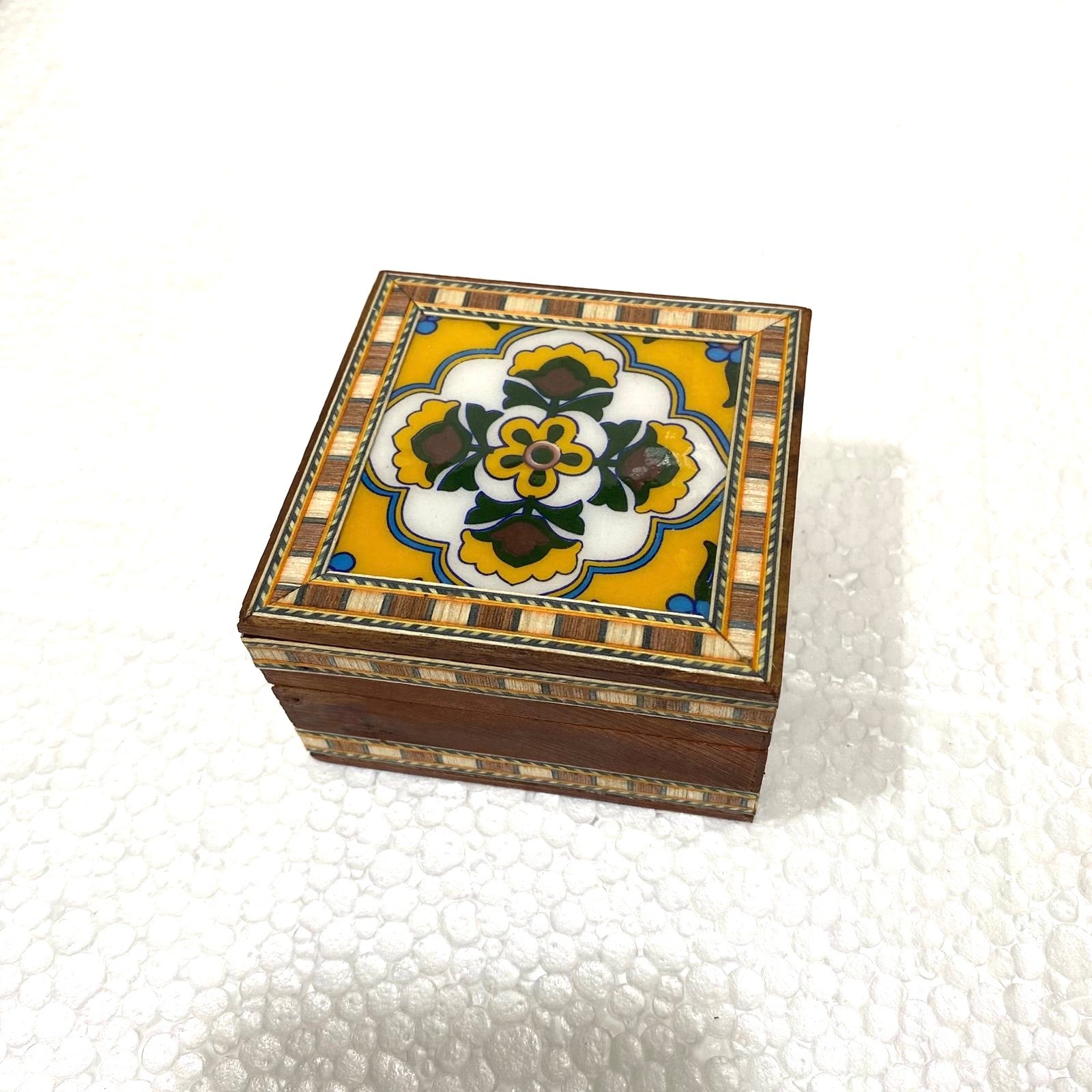Single Blue Pottery Tile Wooden Box Storage Utility Handcrafted From Tamrapatra