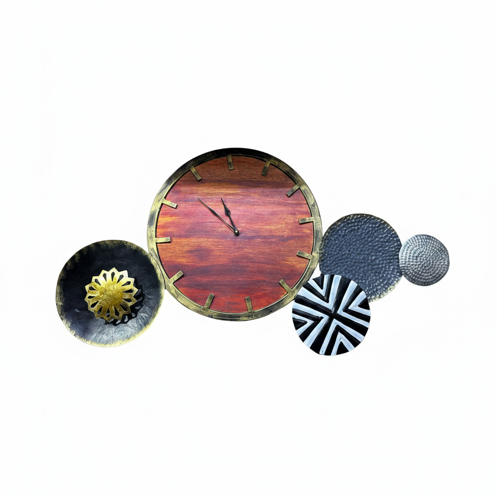 A decorative metal wall clock with a wooden appearance in the center, surrounded by metallic embellishments in different patterns.