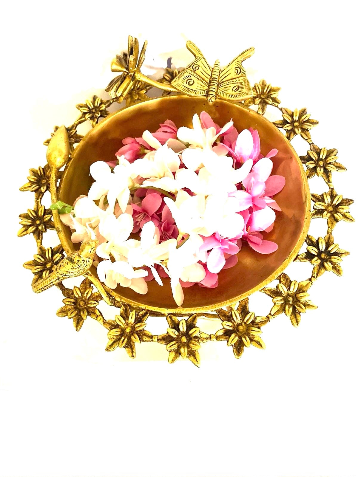 Designer Brass Urli With Butterfly & Bird Sitting On Flower Home Décor Tamrapatra - Tamrapatra