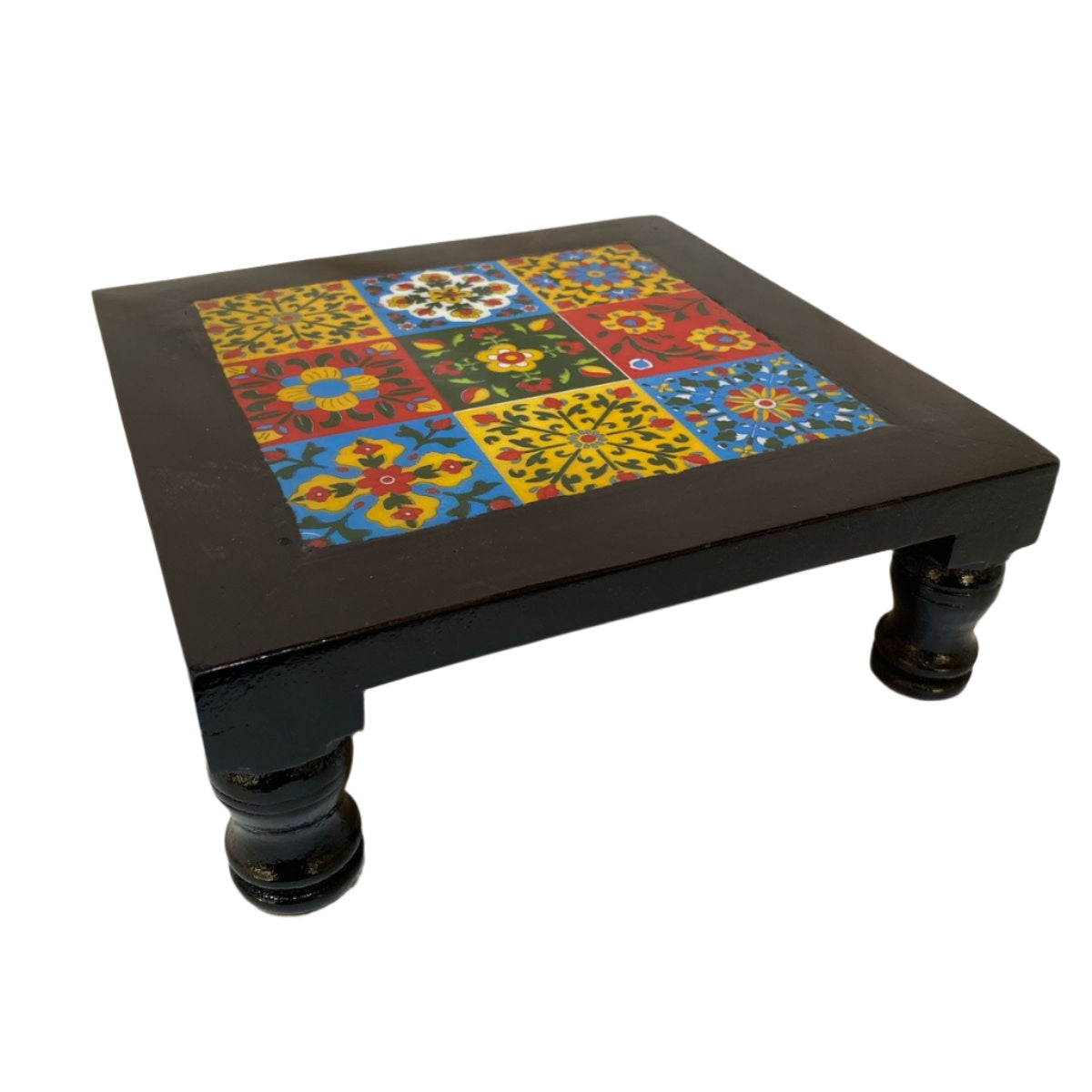 Wooden Stool With Blue Pottery Tiles Exclusive Furniture Collection From Tamrapatra