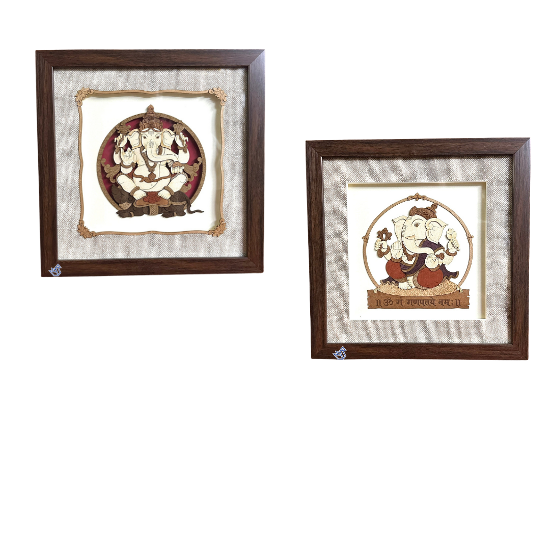 3D ArtWork Ganesh Using Natural Wooden Pieces Handcrafted Frame Tamrapatra