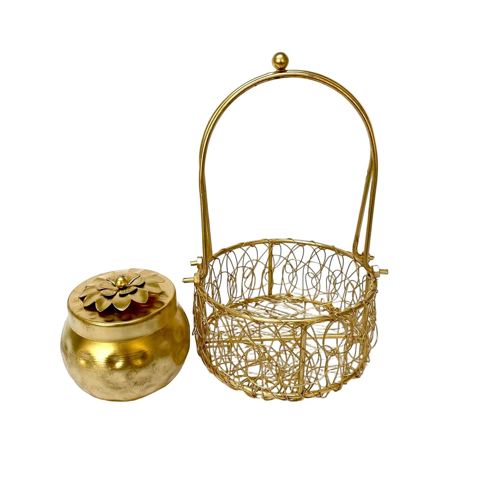 Brass decorative basket and container on a white background